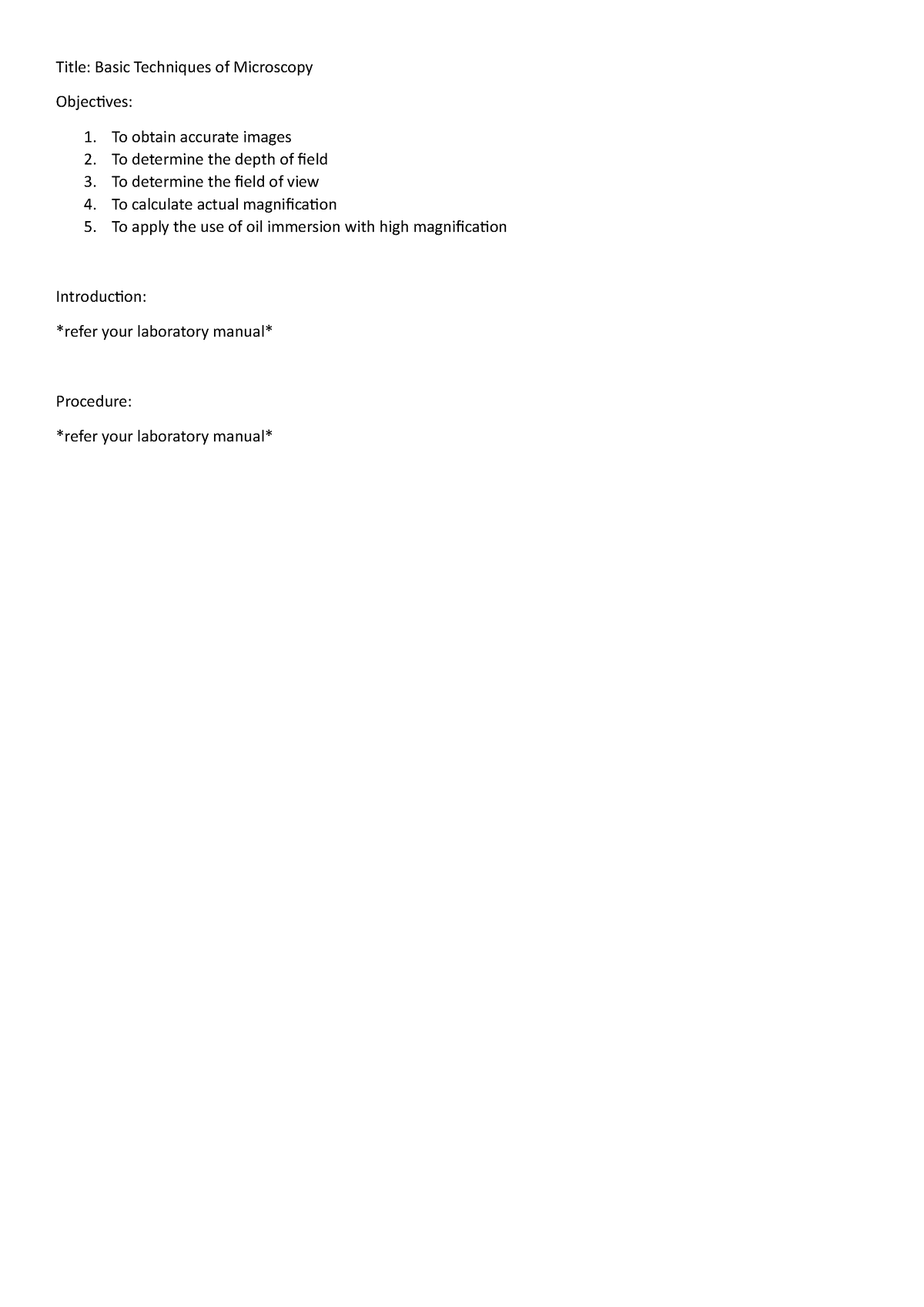 SB015 lab report basic techniques of microscopy - Title: Basic ...