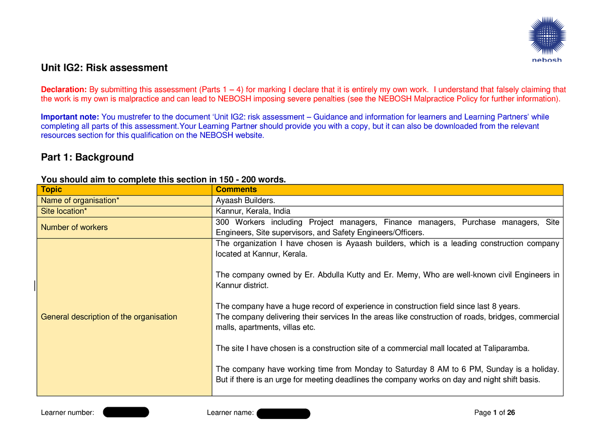 Nebosh Ig Sample Unit Ig Risk Assessment Declaration By Submitting This Assessment Parts