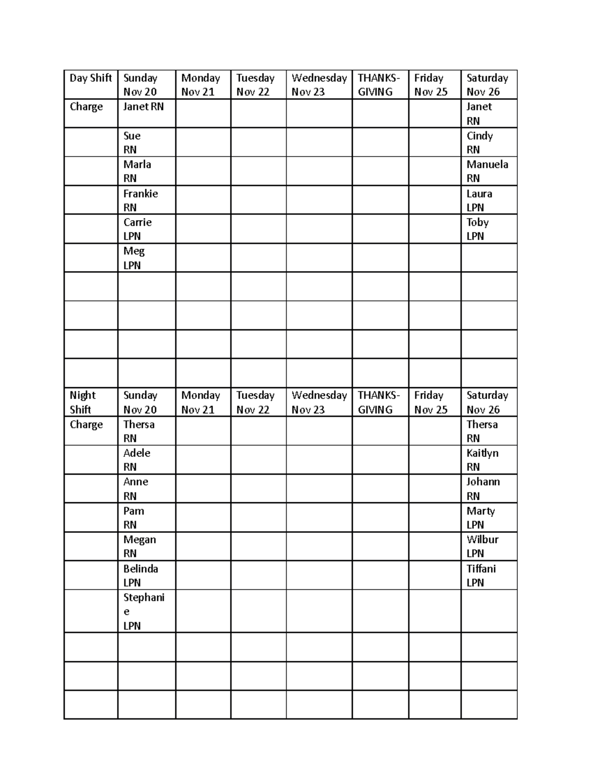 NU456Scheduling Assignment Table - Day Shif Sunday Nov 20 Monday Nov 21 ...