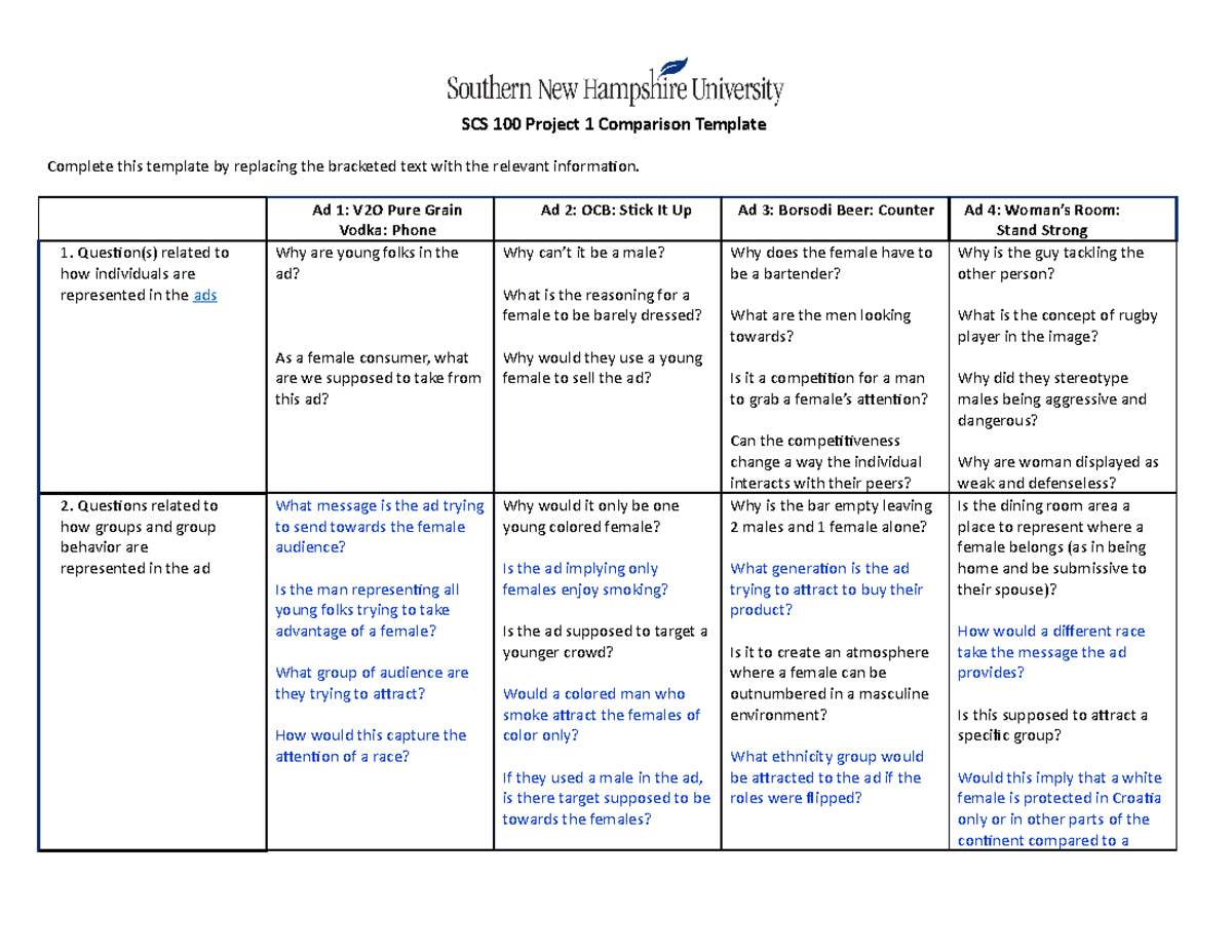 SCS 100 Comparison Template Final - SCS 100 Project 1 Comparison ...