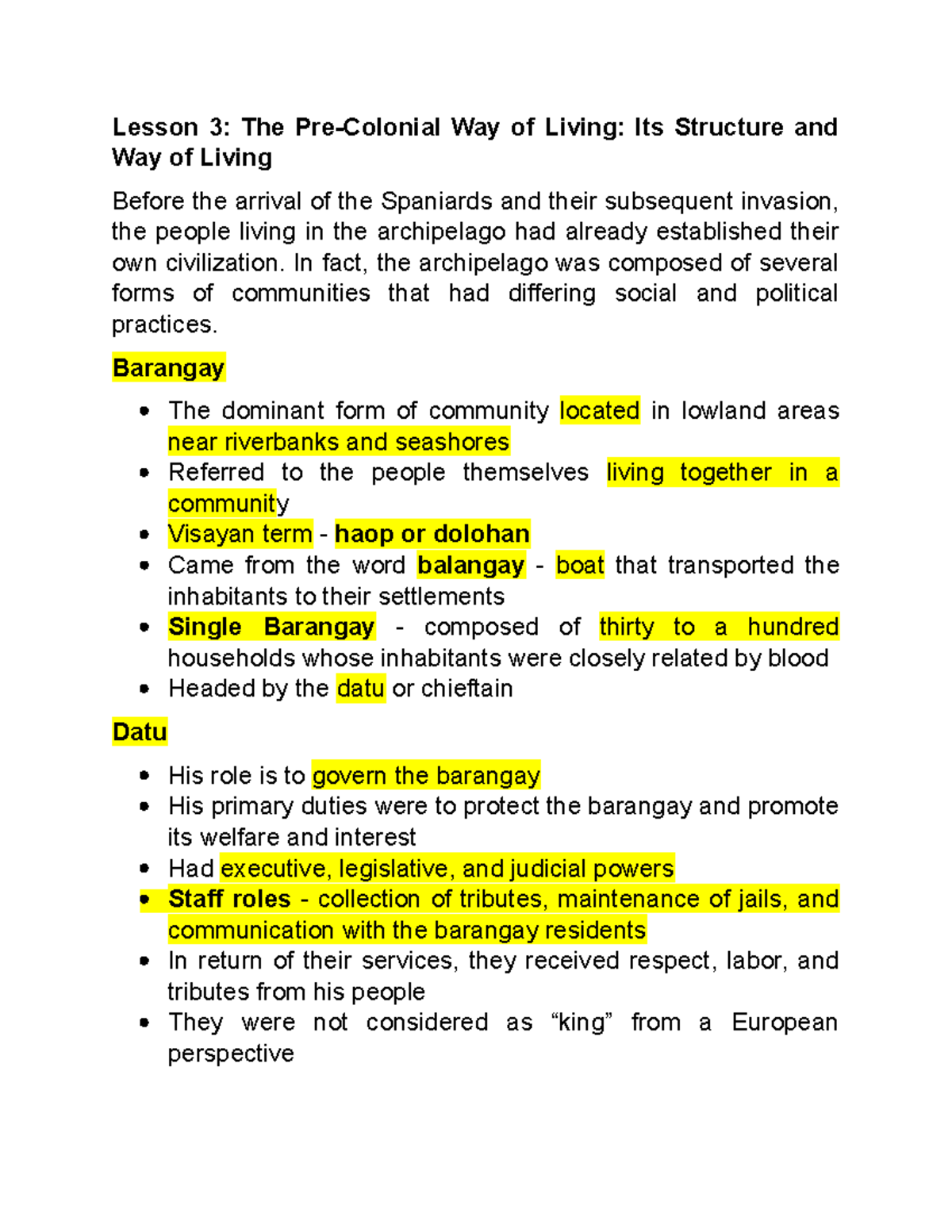 GEN 004 Lesson 3 Lesson 3 The PreColonial Way of Living Its