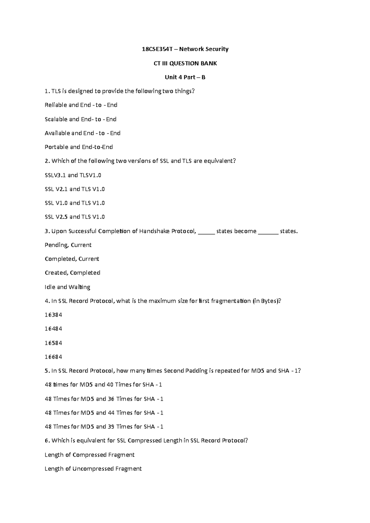 Unit 4 QB Network Security 18CSE354T Network Security CT III