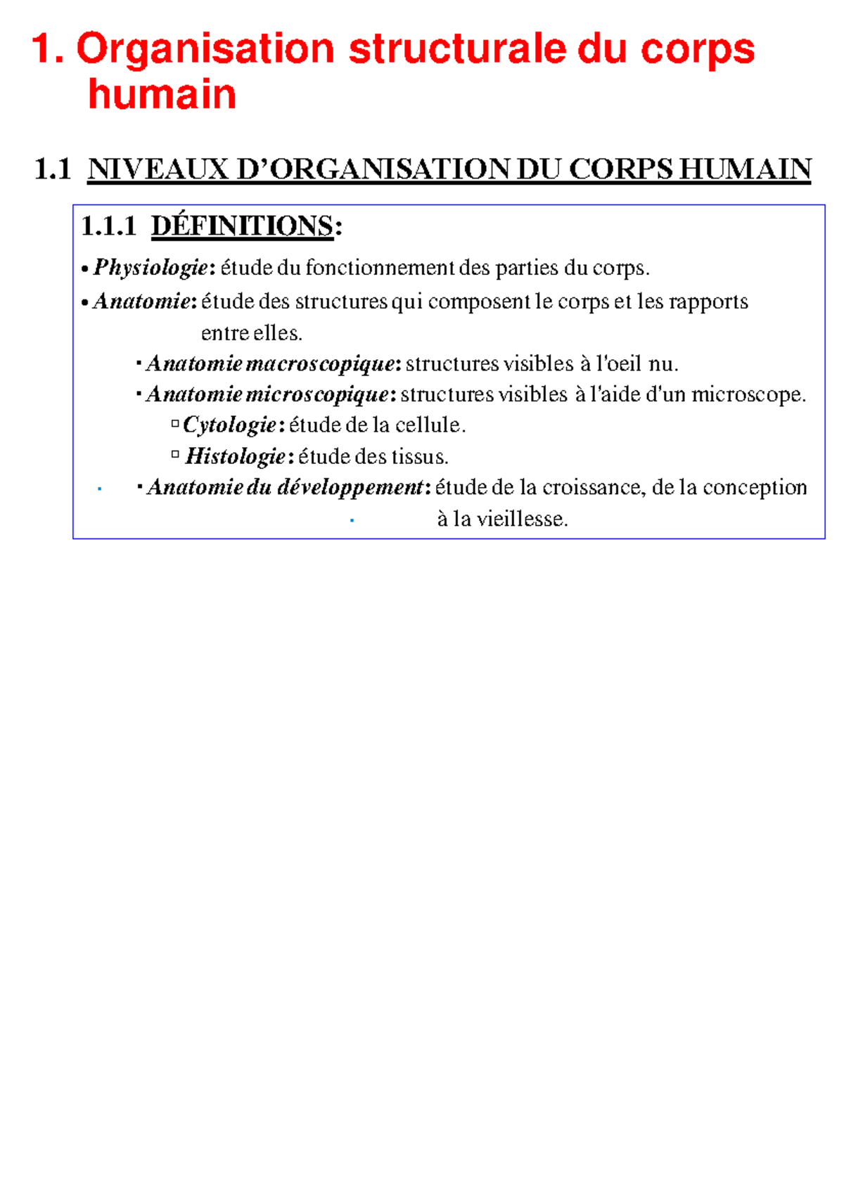 ANP1505 notes 1 - Intro ANP1501 - 1 NIVEAUX D’ORGANISATION DU CORPS ...