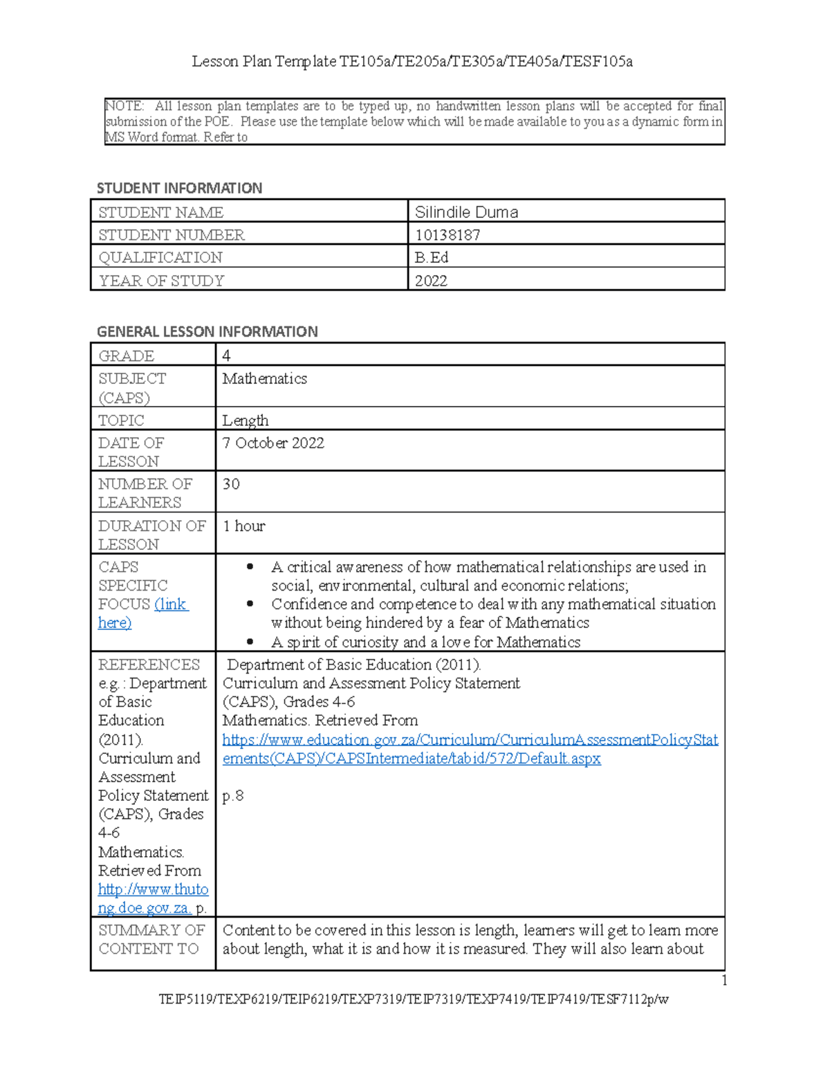 Lesson plan Template 2022 - NOTE: All lesson plan templates are to be ...