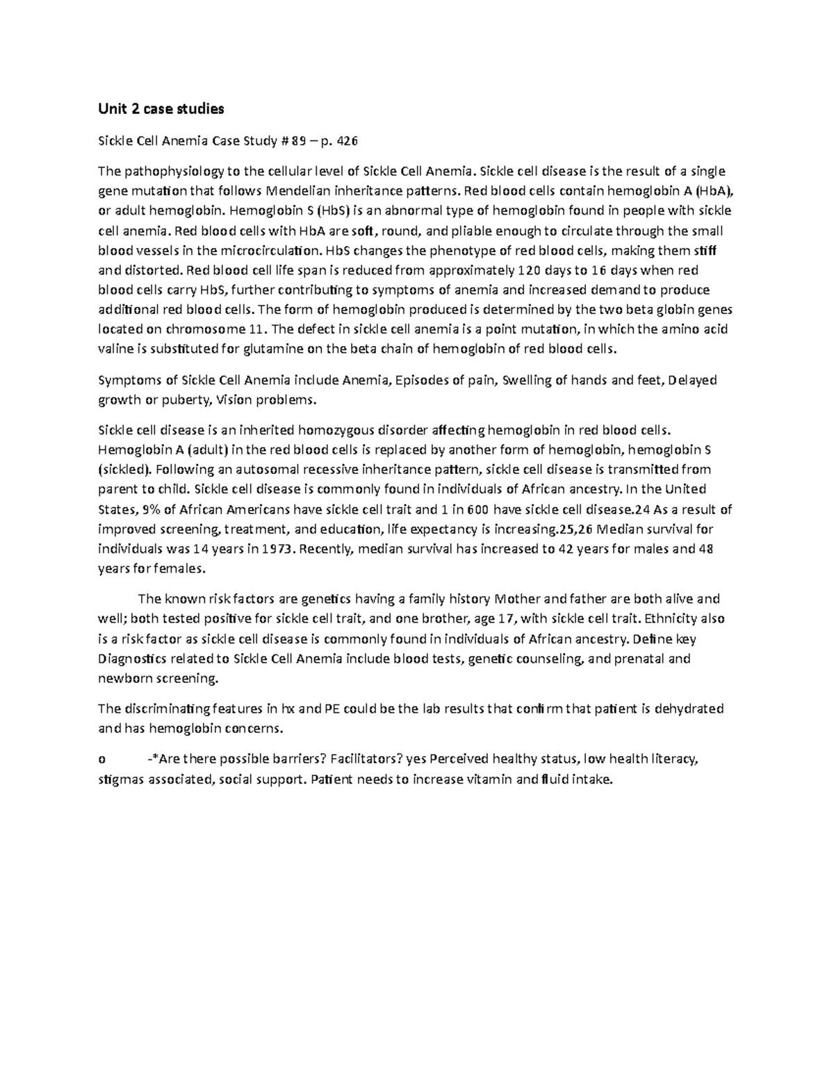 2nd assignment case studies - Unit 2 case studies Sickle Cell Anemia ...