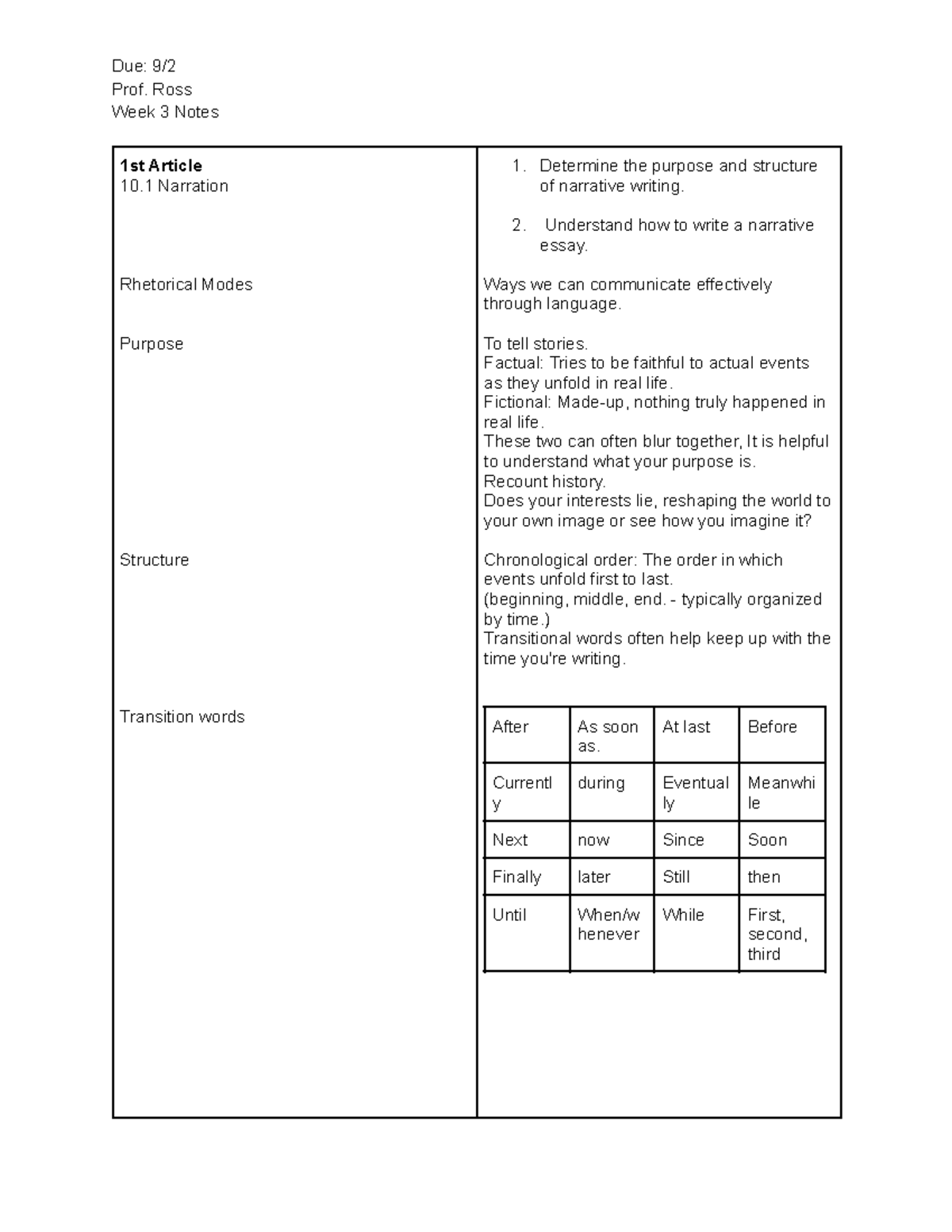 Narration and descriptive writing notes - Due: 9/ Prof. Ross Week 3 ...