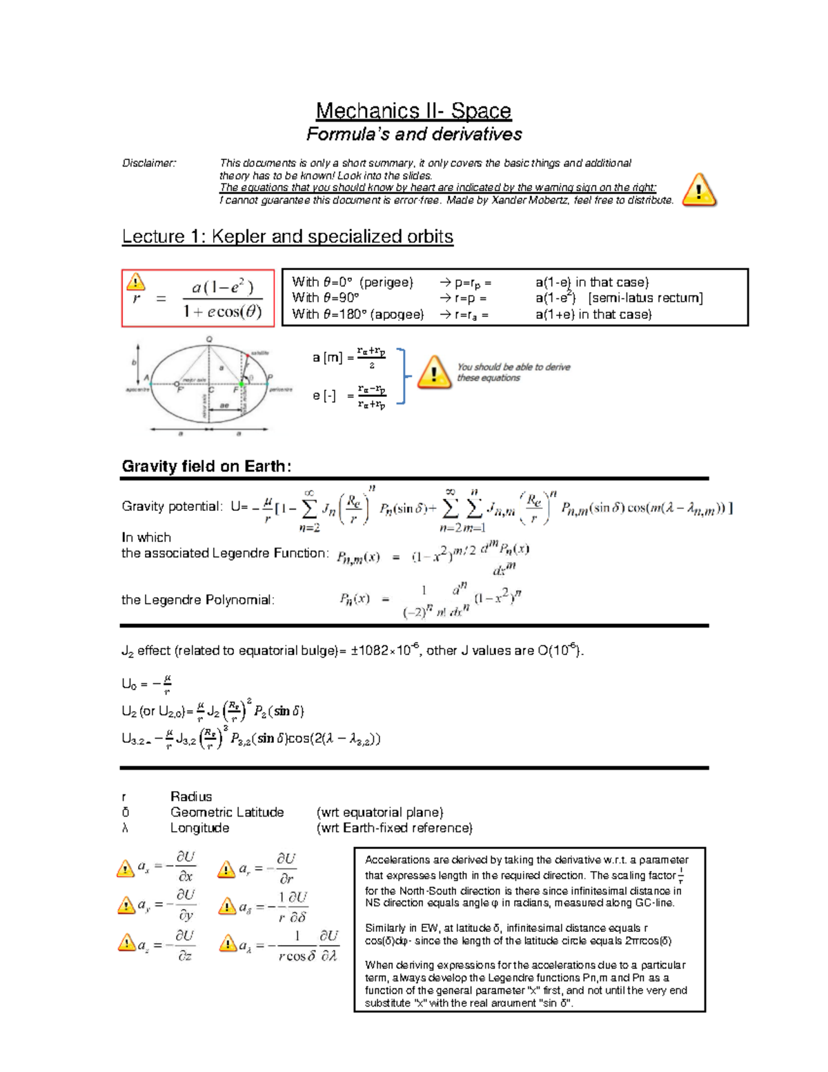 Contains an overview of Orbital Mechanics Equations - Mechanics II ...