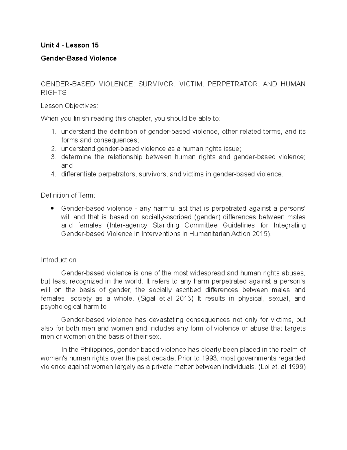 Gender-Based Violence - Unit 4 - Lesson 15 Gender-Based Violence GENDER ...