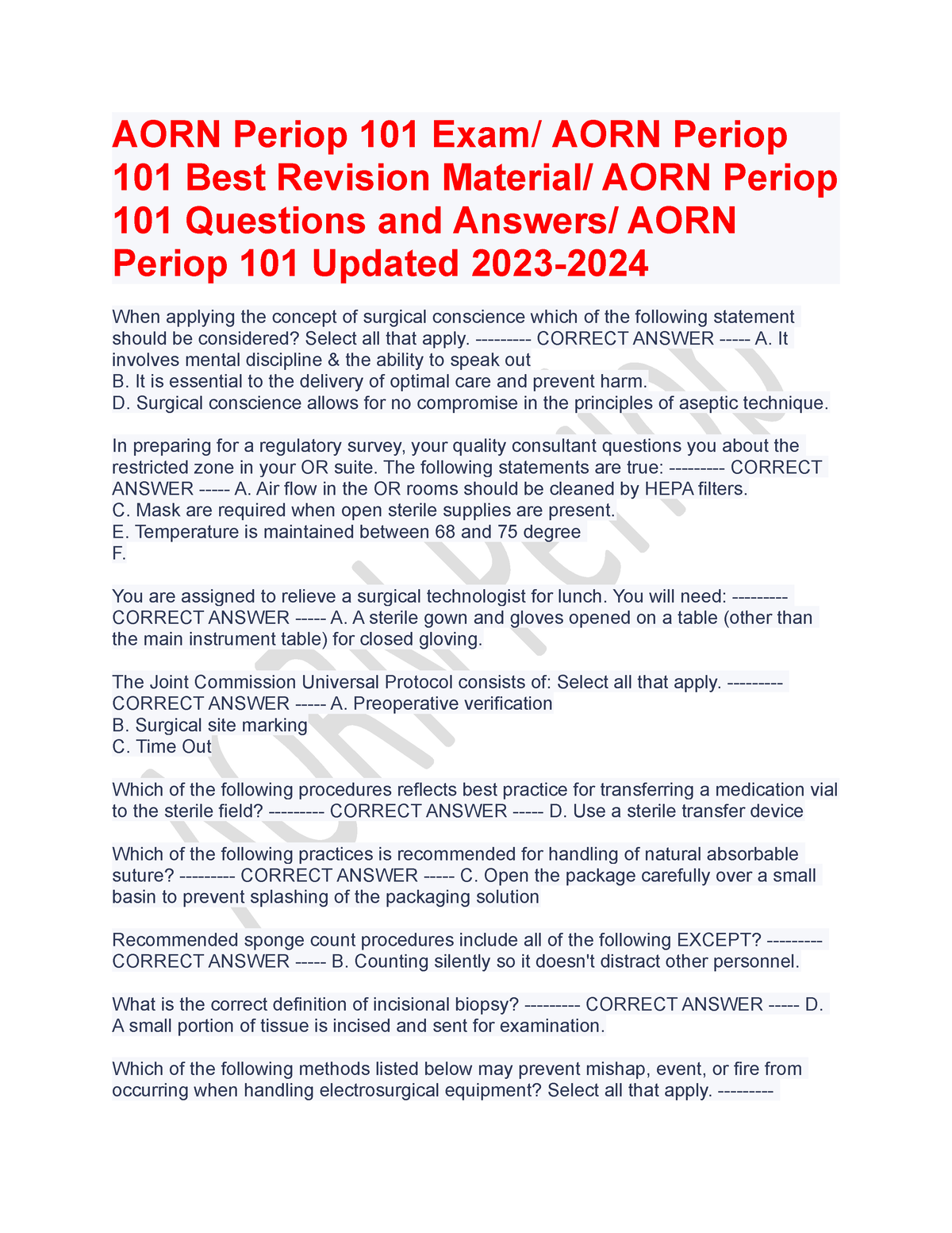 AORN Periop 101 Exam - APEA Predictor Exam Missed Questions And Answers ...