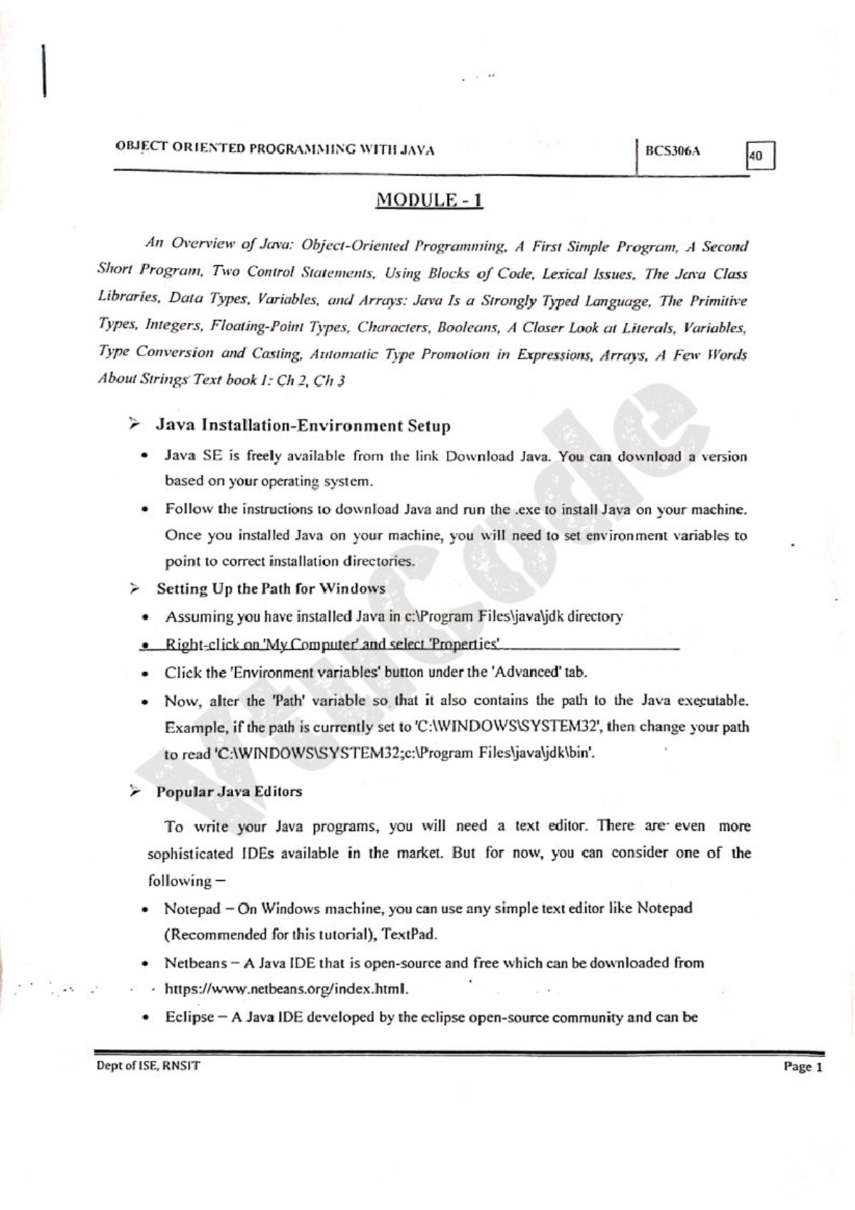 Java module 1 2022 scheme 3rd sem - OBJECT ORIENTED PROGRAMMING WITH ...