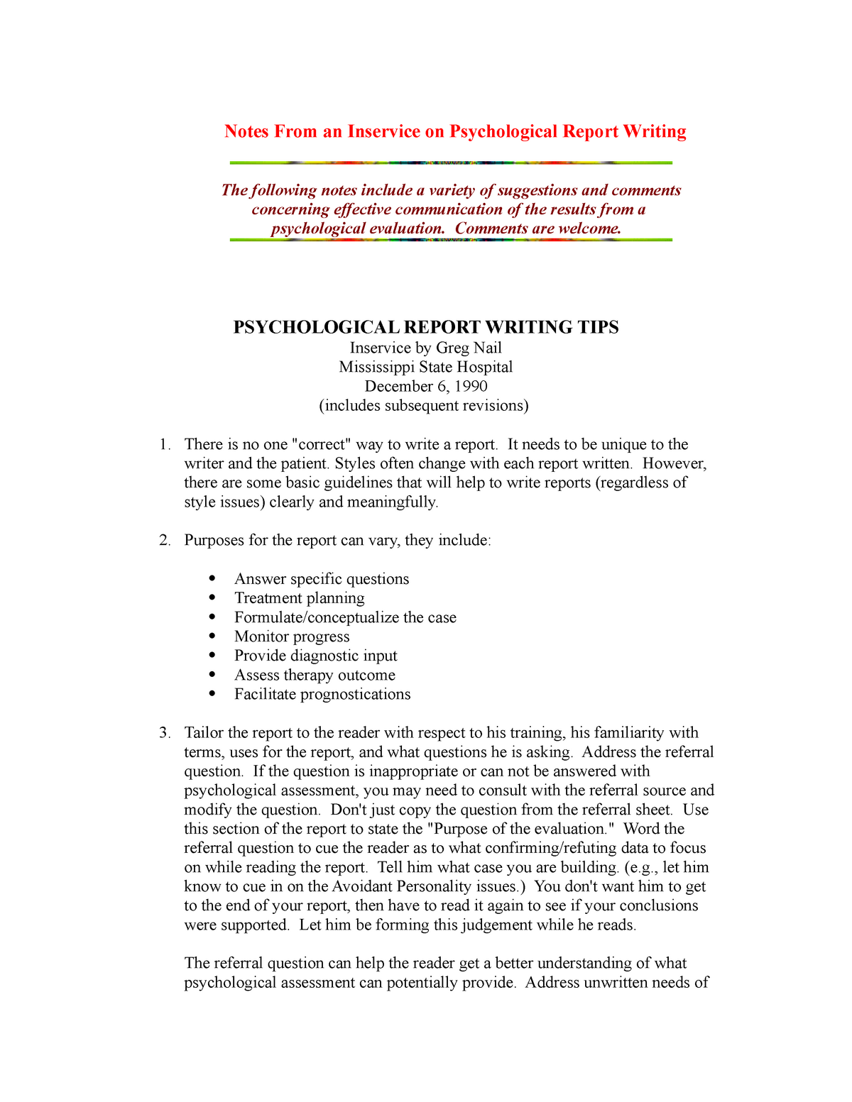 Psychological Assessment Report Template