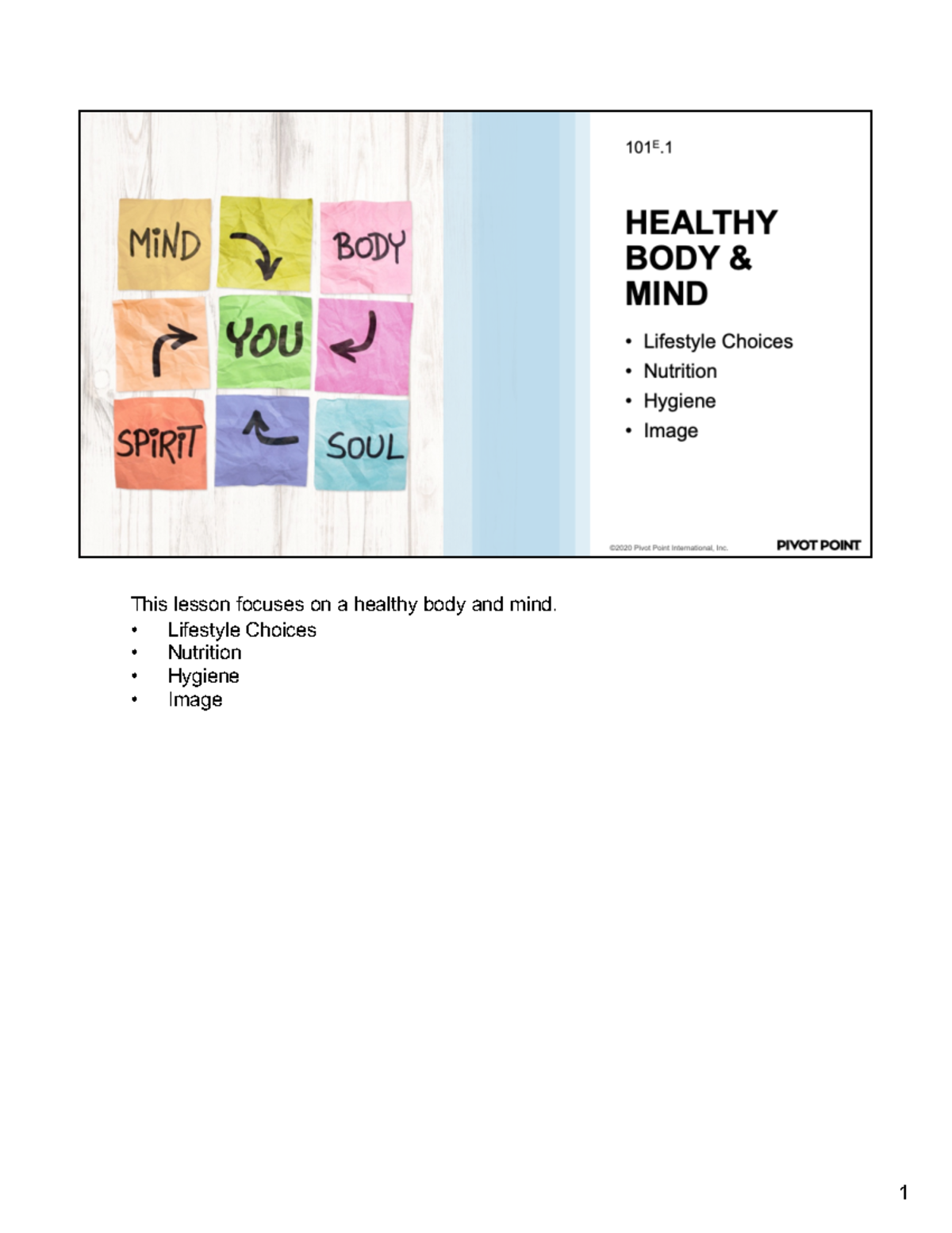 101E 01 Study Slides - This Lesson Focuses On A Healthy Body And Mind ...