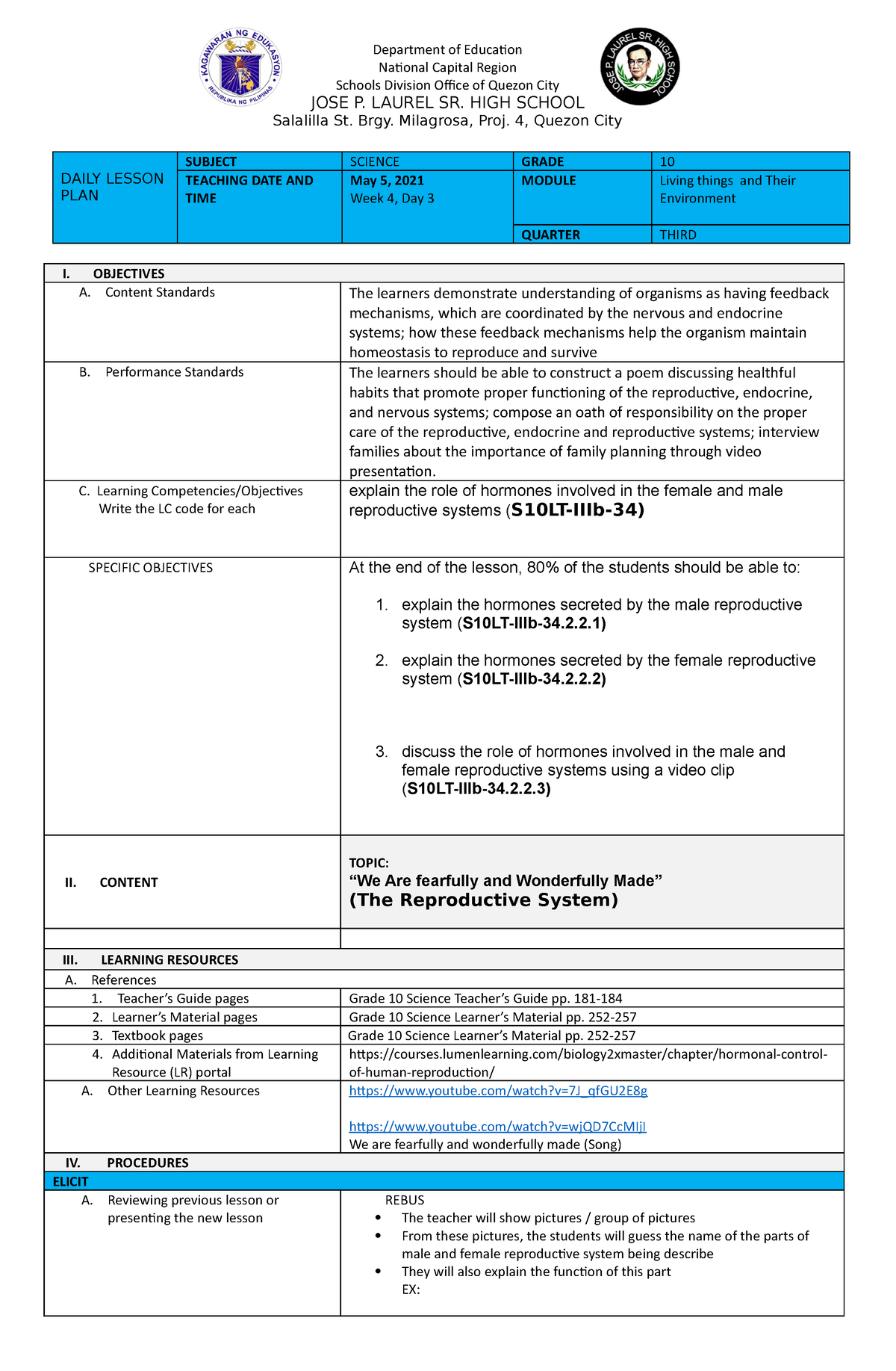 Dll Reproductive System Daily Lesson Plan Subject Science Grade 10 Teaching Date And Time May 