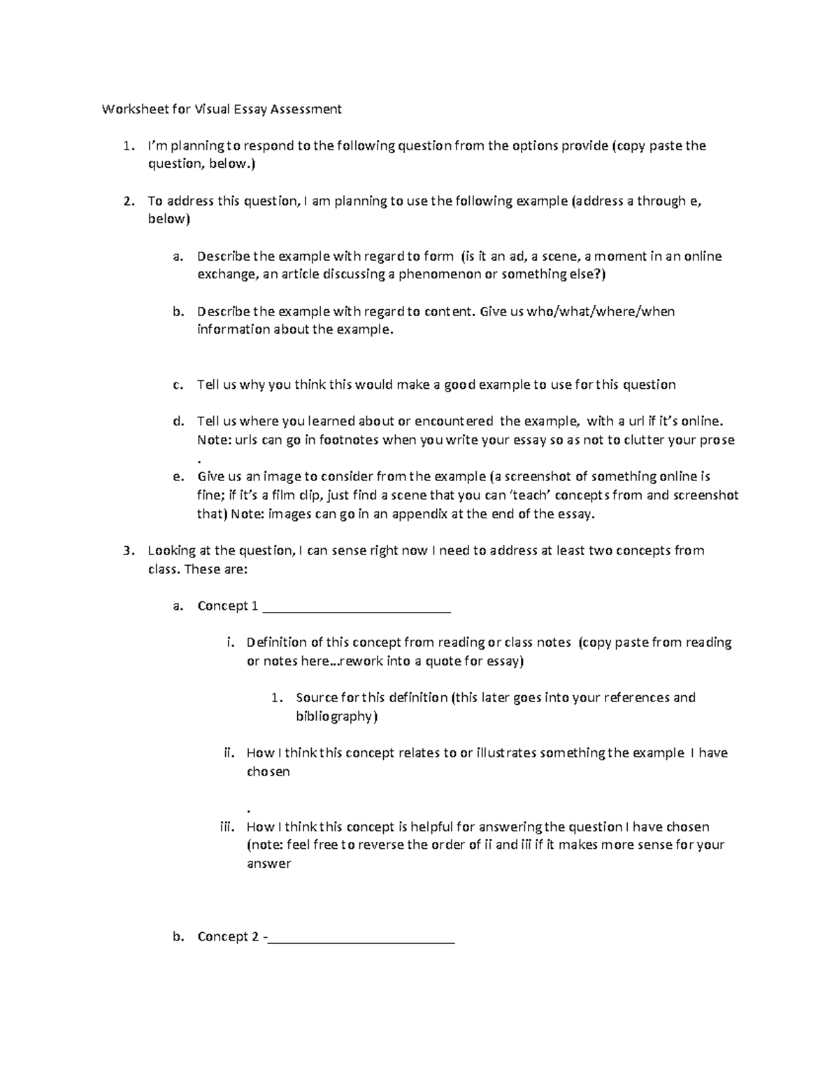 Visual Analysis Worksheet - Worksheet for Visual Essay Assessment 1. I