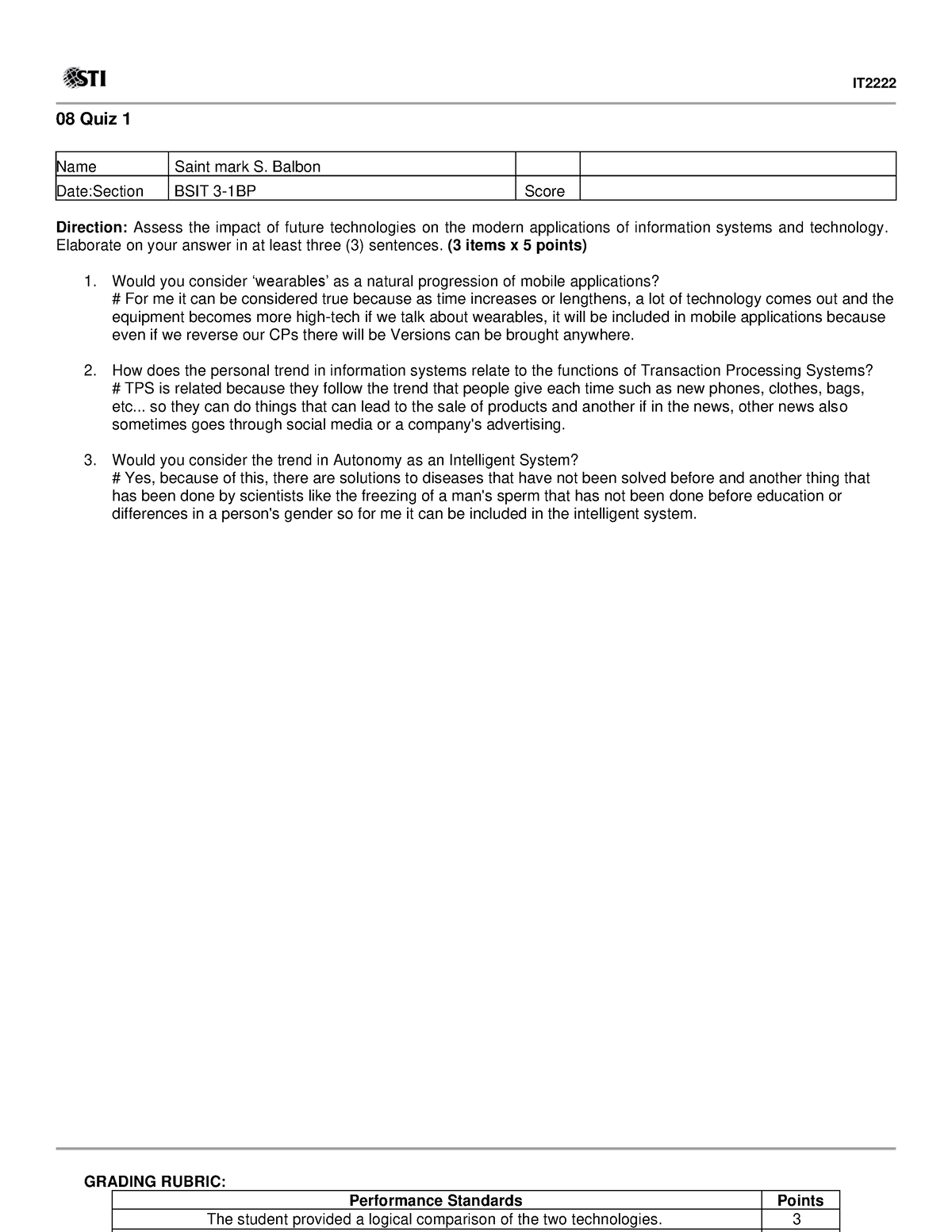 08 Quiz 1 Balbon Saint Mark S - IT 08 Quiz 1 Name Saint mark S. Balbon ...