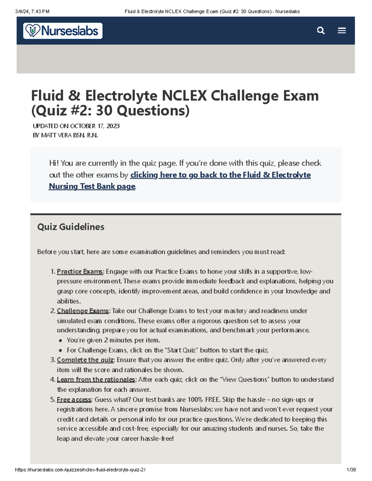 Electrolyte quiz 2 Brief discussion and quiz Fluid & Electrolyte