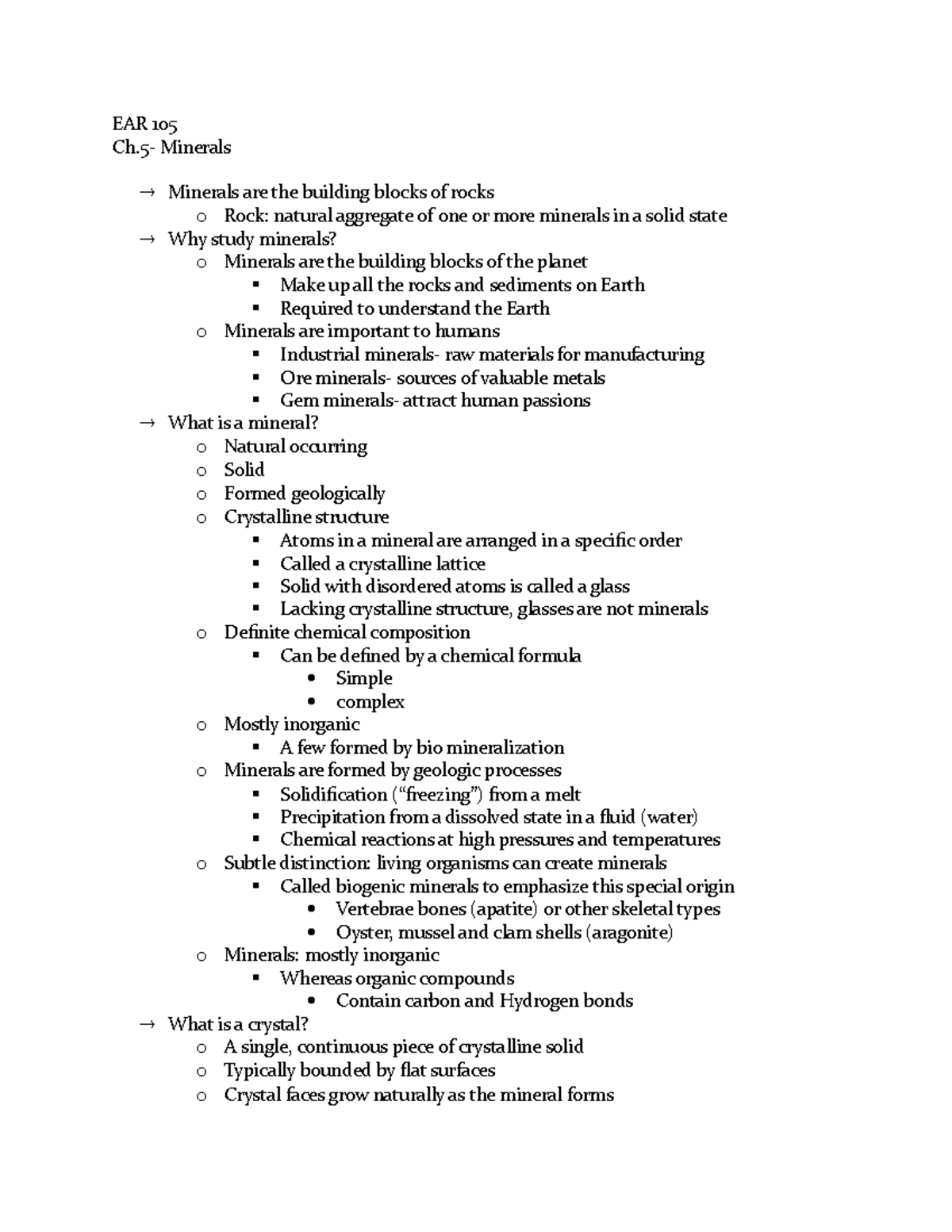 Ch. 5 - chapter 5 notes for Fitzgerald - EAR 105 Ch- Minerals Minerals ...