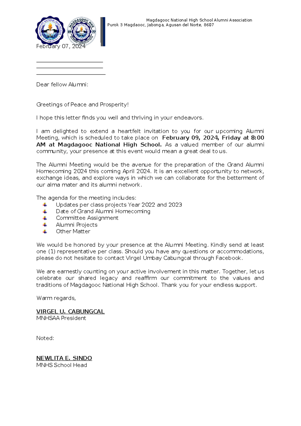 Alumni Meeting Letter - Magdagooc National High School Alumni ...