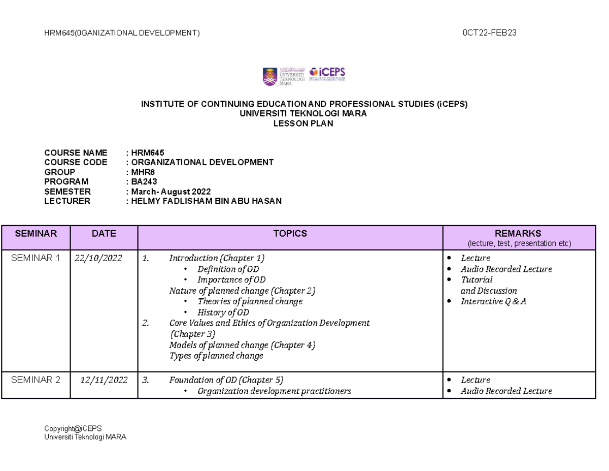 Template Lesson PLAN FOR SEM OCT22-FEB2023 Iceps HRM645 - HRM645 ...