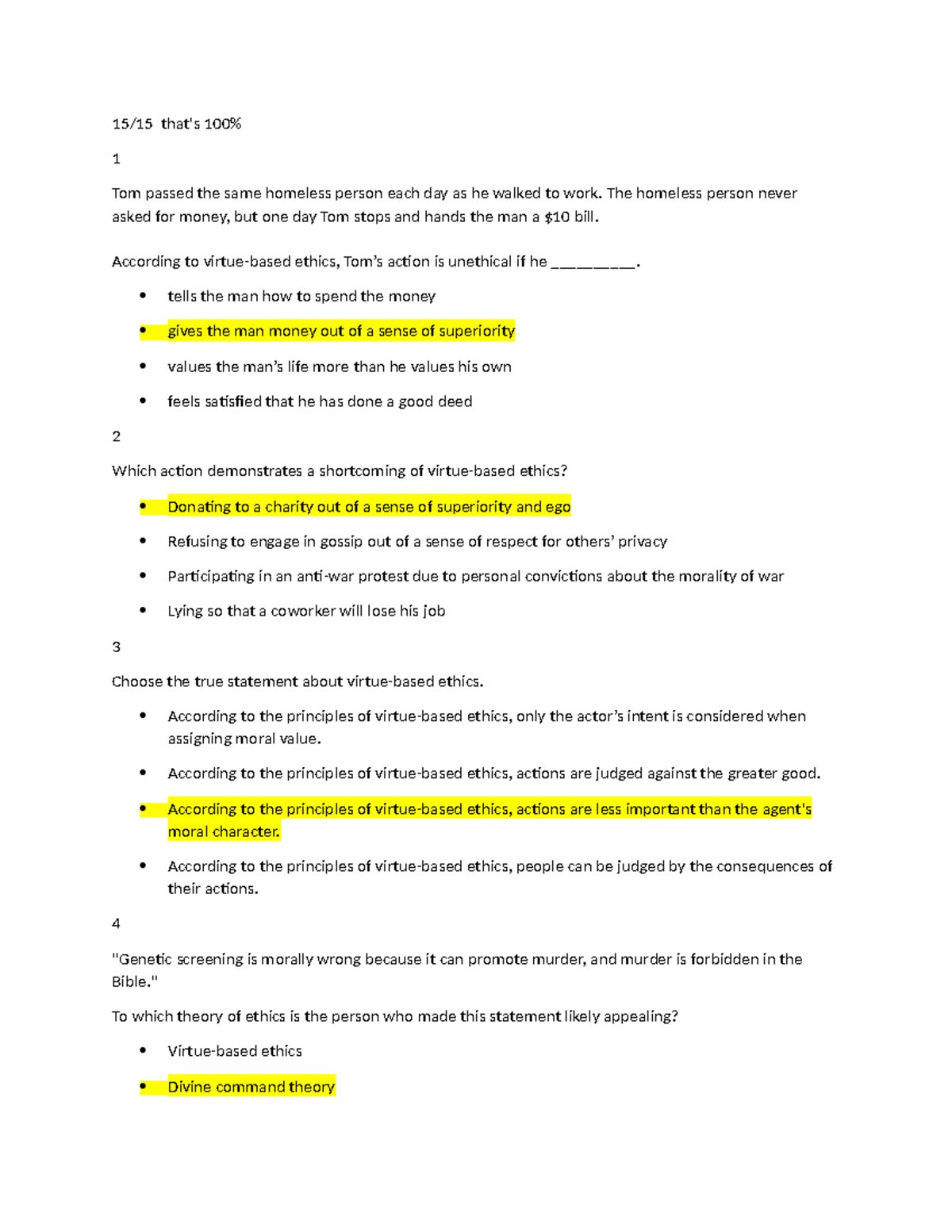 Intro to Ethics Unit 4 Milestone (Sophia) - 15/15 that's 100% 1 Tom ...