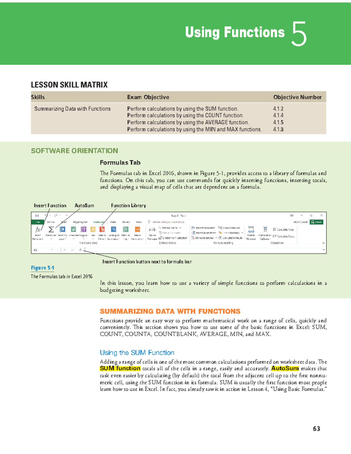 Excel Lesson 05 - Lecture Notes 1 - Using Functions 5 63 LESSON SKILL ...