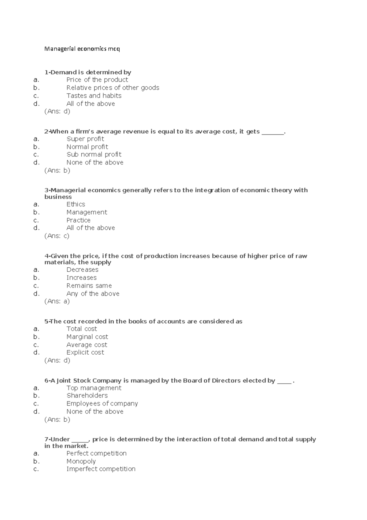 Economics Multiple Choice Questions On Demand And Supply