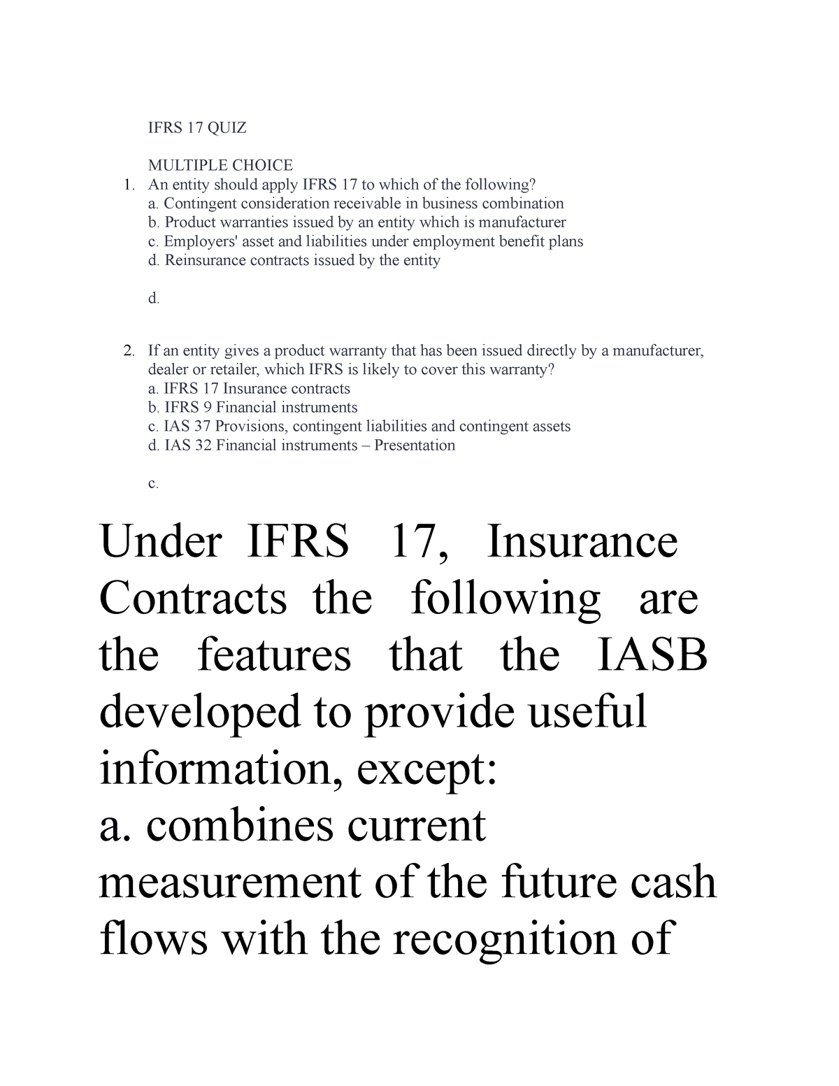 IFRS 17 QUIZ - IFRS 17 Insurance Contract - IFRS 17 QUIZ MULTIPLE ...