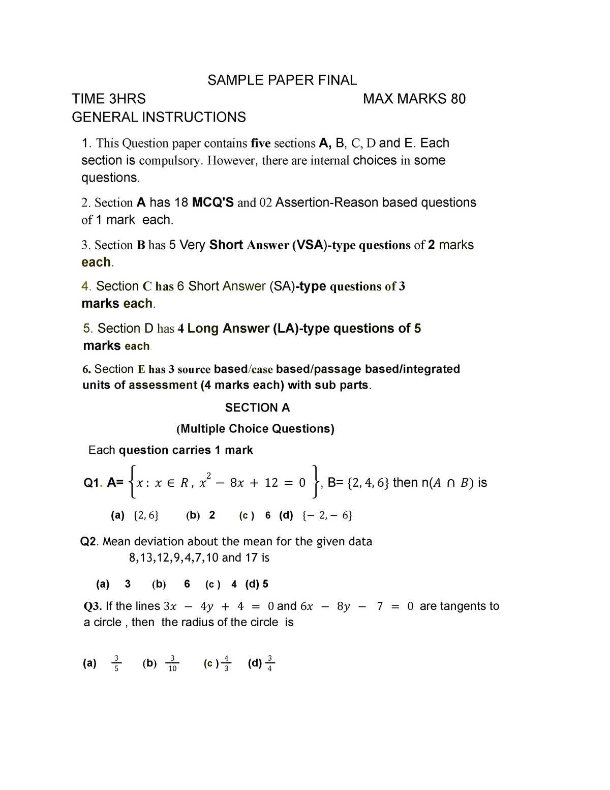 Sample Paper Final Classxi - SAMPLE PAPER FINAL TIME 3HRS MAX MARKS 80 ...