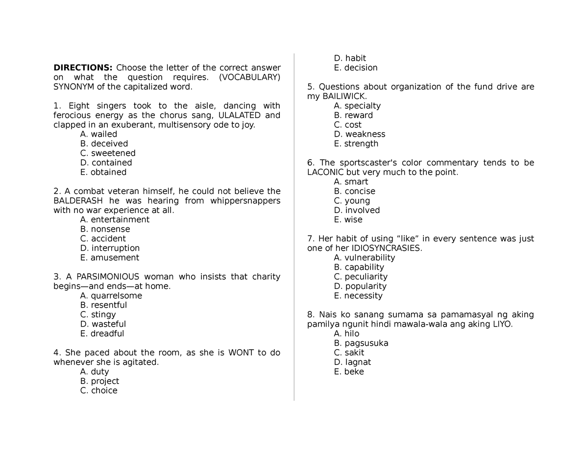 Sample TEST Booklet (Test Proper Final) - DIRECTIONS: Choose the letter ...