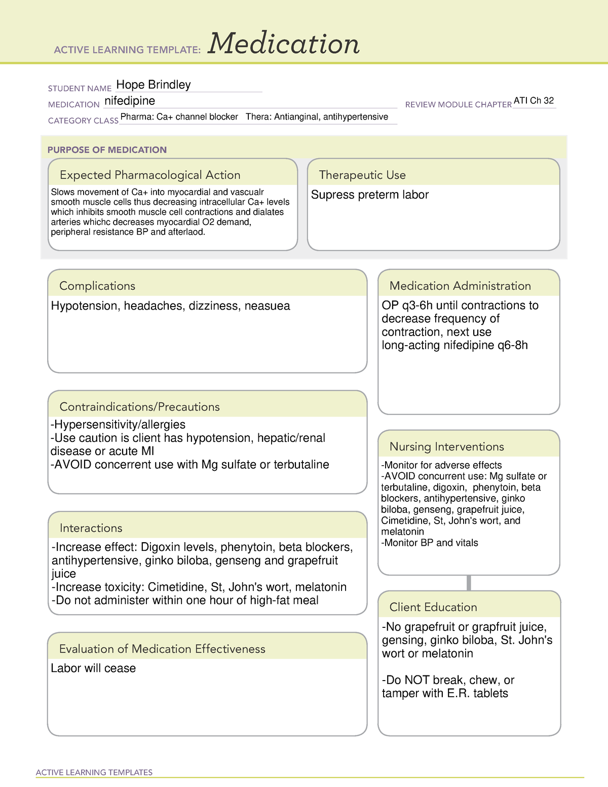 Nifedipine - ACTIVE LEARNING TEMPLATES Medication STUDENT NAME