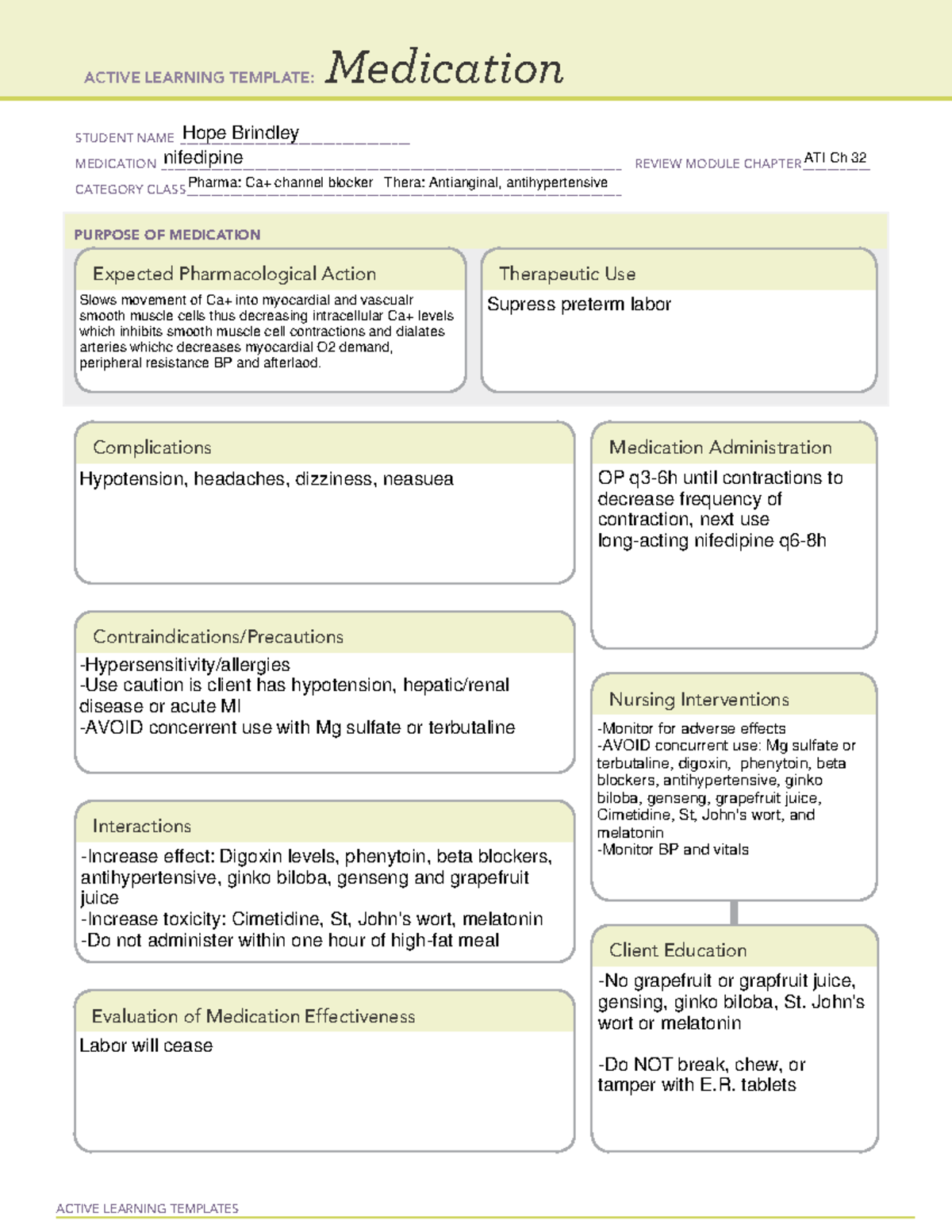 Nifedipine - ACTIVE LEARNING TEMPLATES Medication STUDENT NAME