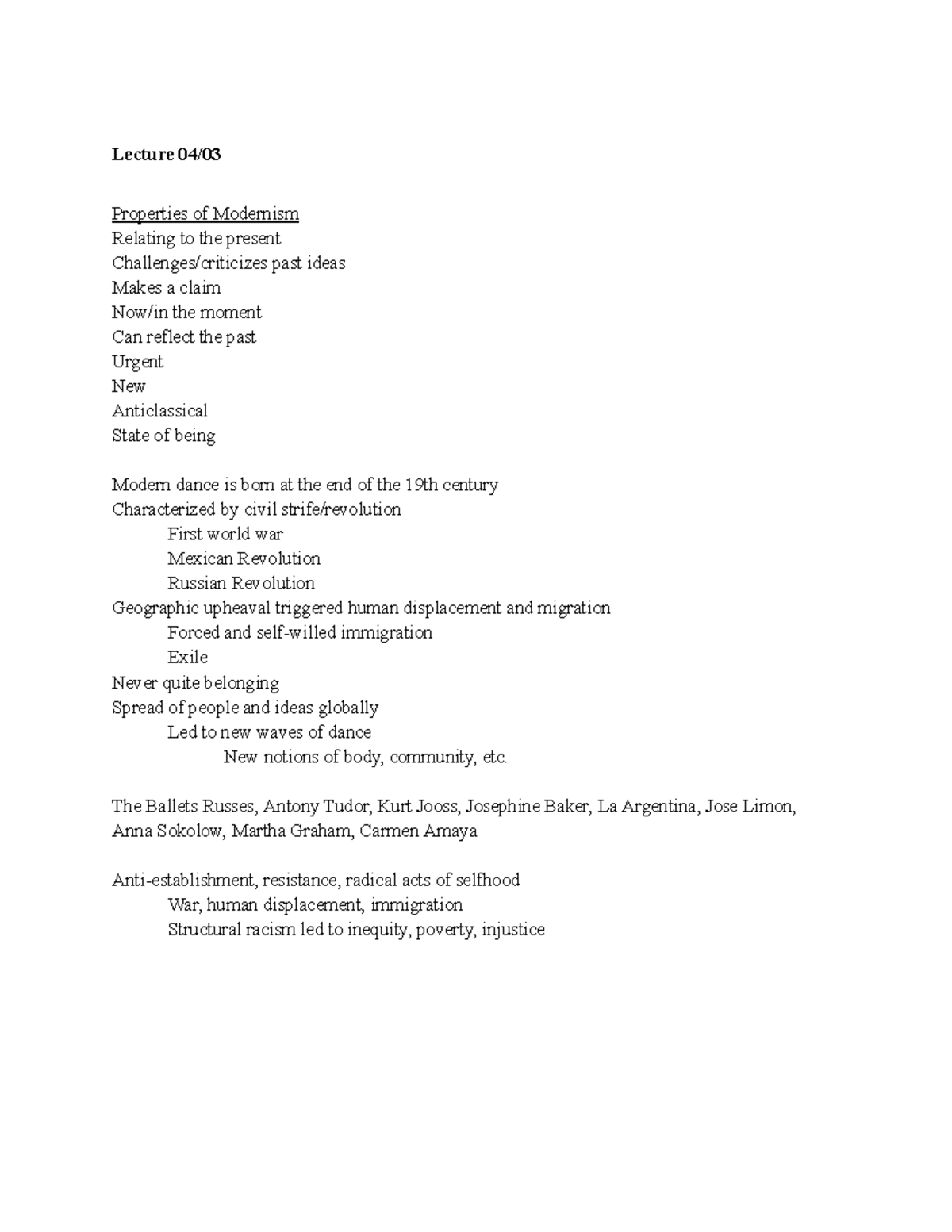 Dance 36 - Lecture Notes - Lecture 04/ Properties of Modernism Relating ...