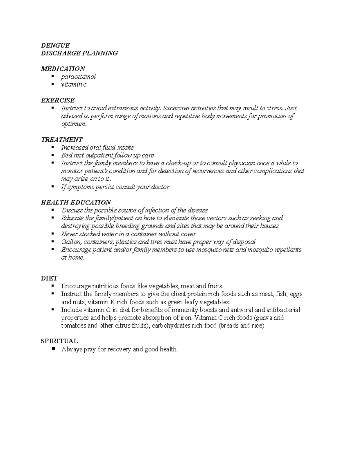 Dengue - DENGUE DISCHARGE PLANNING MEDICATION paracetamol vitamin c ...