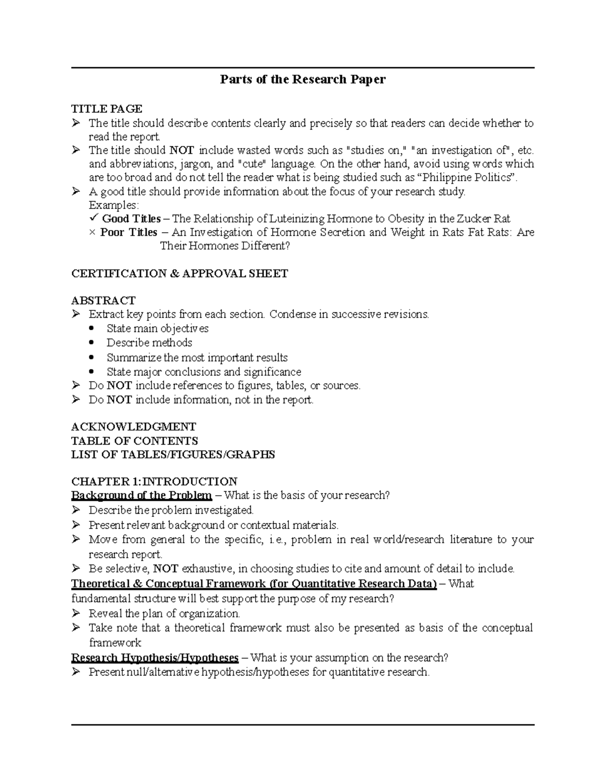 Parts of the Research Paper Parts of the Research Paper TITLE PAGE