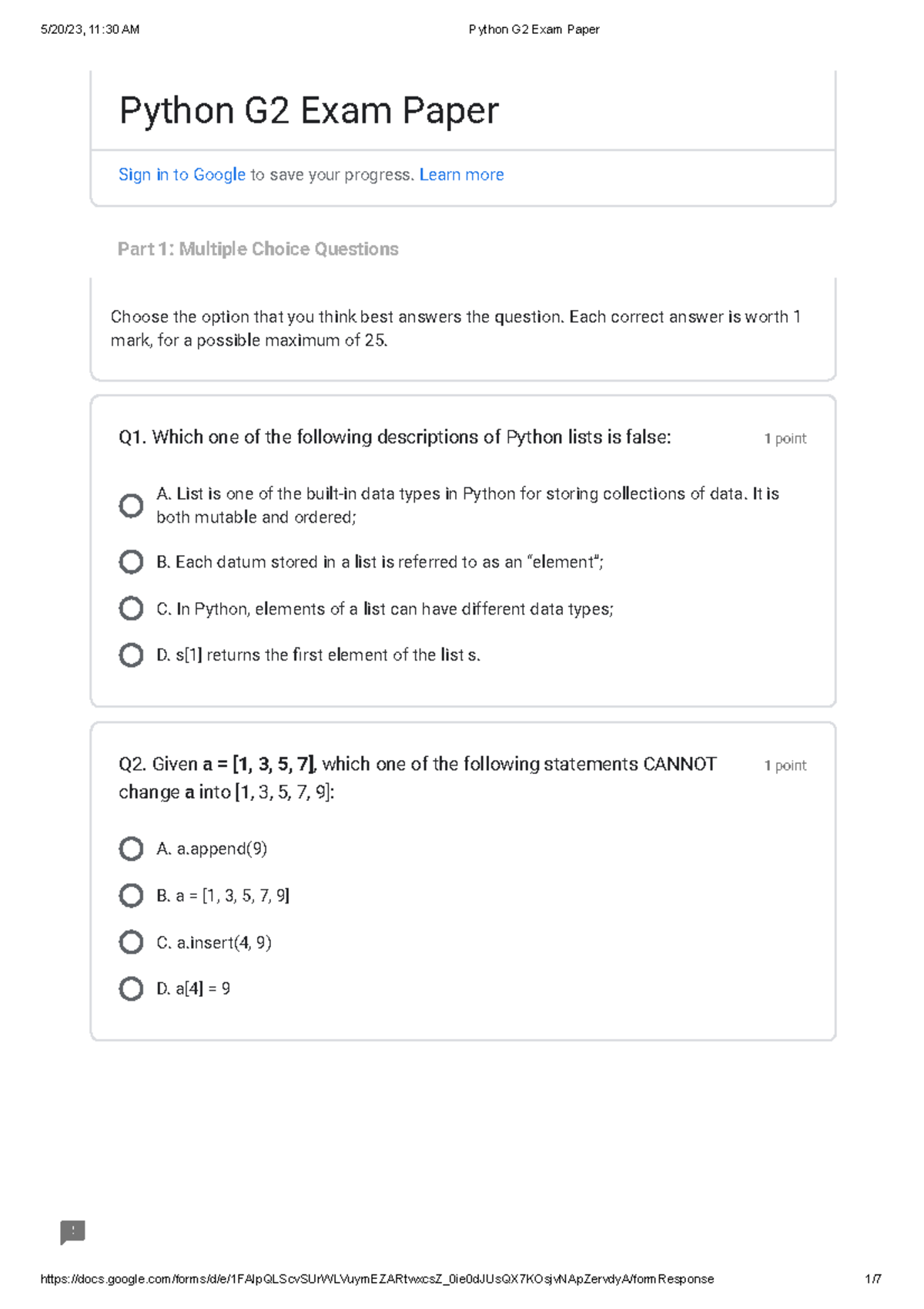 Python G2 Exam Paper - End of year Mini Quiz - Part 1: Multiple Choice ...