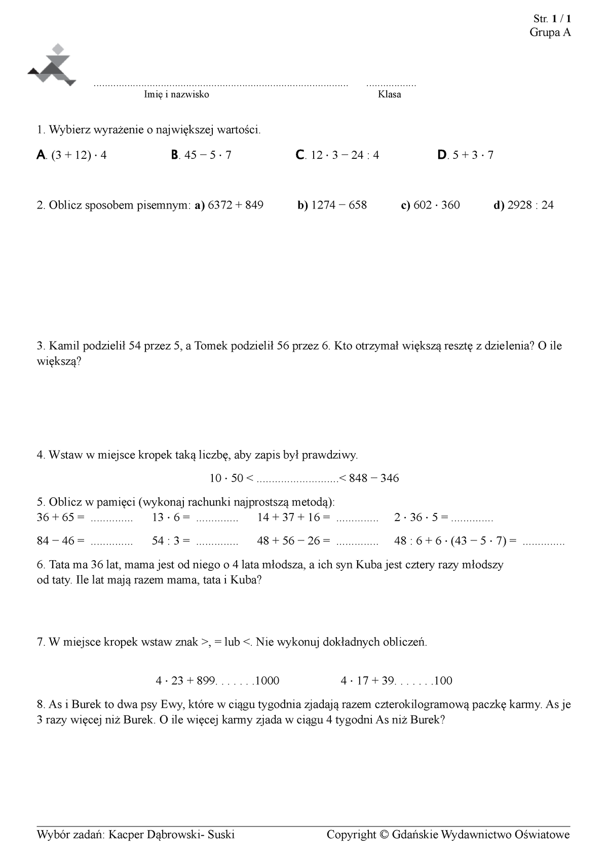 Sprawdzian Liczby I Działania Klasa 5 - Str. 1 / 1 Grupa A Wybór Zadań ...