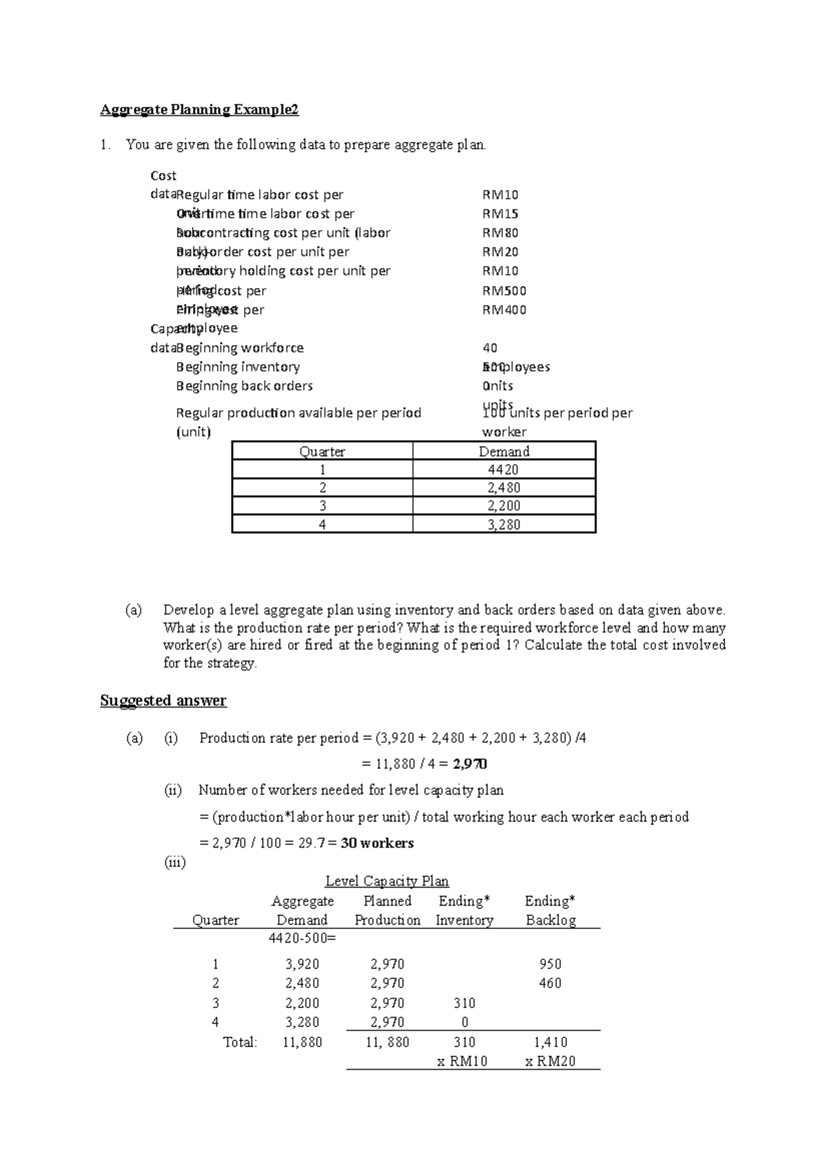 Aggregate Planning Example 2o - Cost dataRegular time labor cost per ...