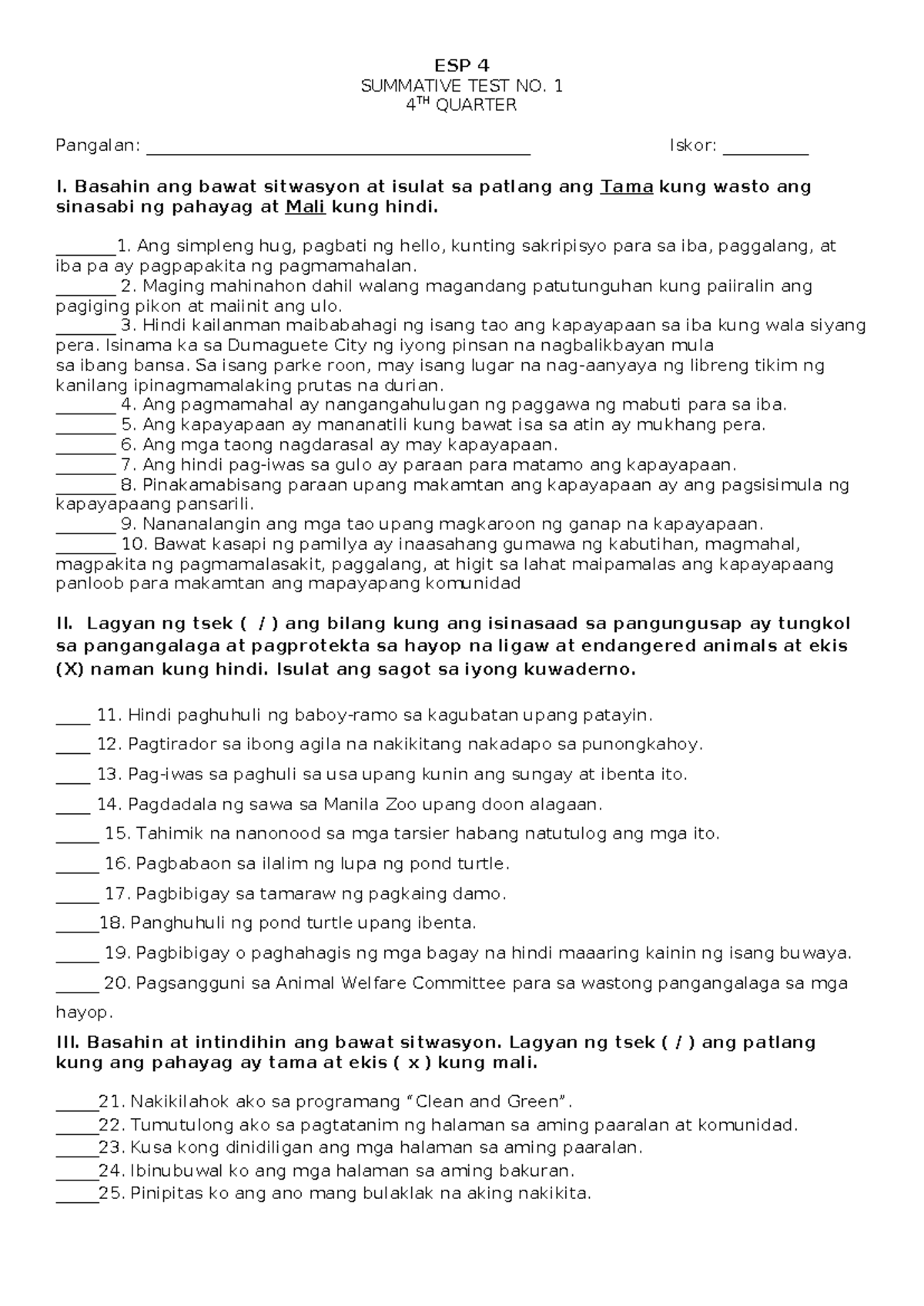 Esp4 St1 Q4 Edukasyon Sa Pagpapakatao 4 Summative Test Esp 4 Summative Test No 1 4 Th 8324