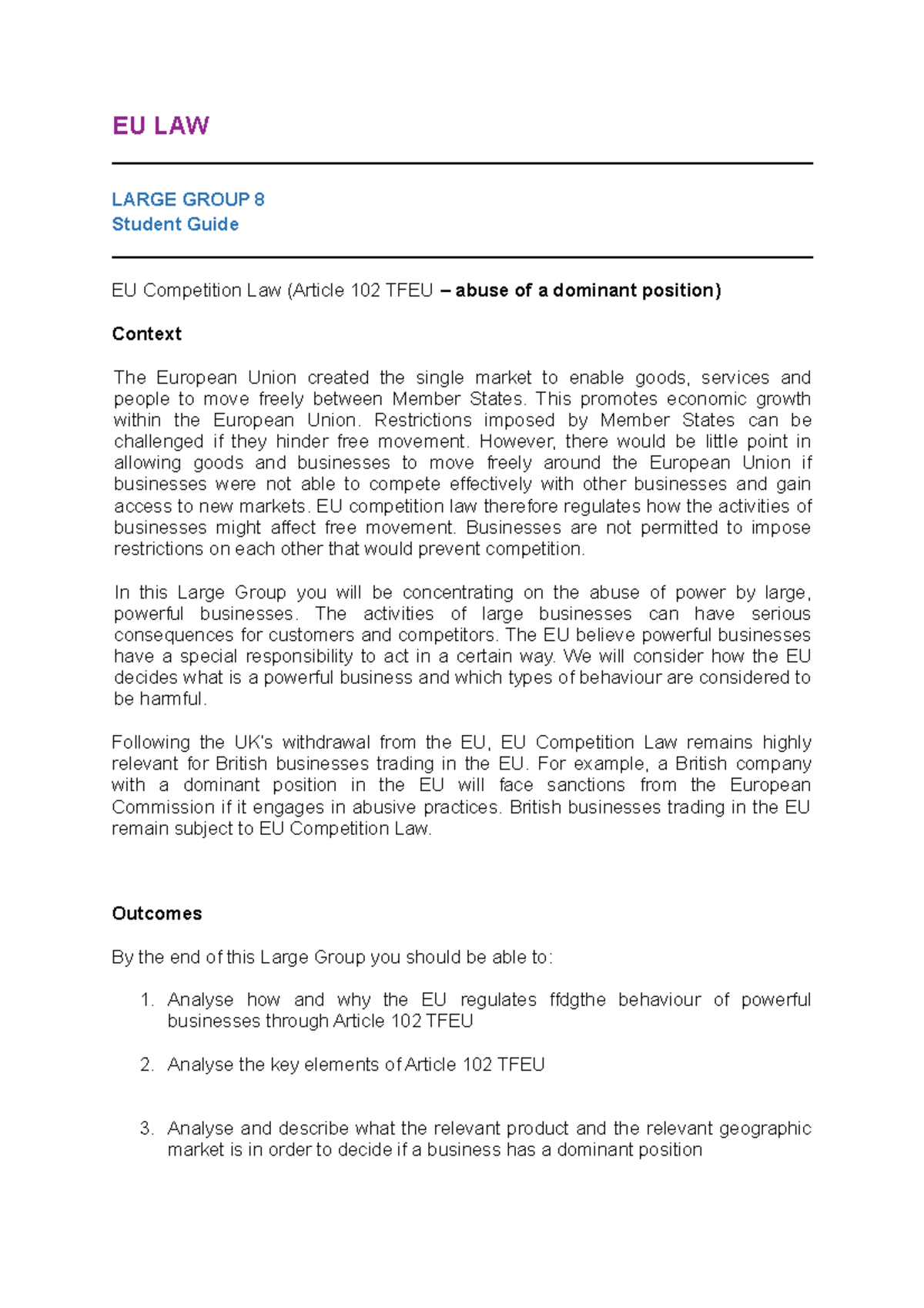 EU SG 8 - Eu law - EU LAW LARGE GROUP 8 Student Guide EU Competition ...