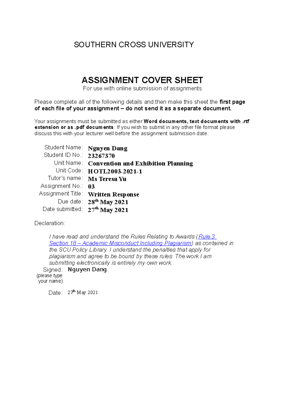 A3 convention - grade a - SOUTHERN CROSS UNIVERSITY ASSIGNMENT COVER ...