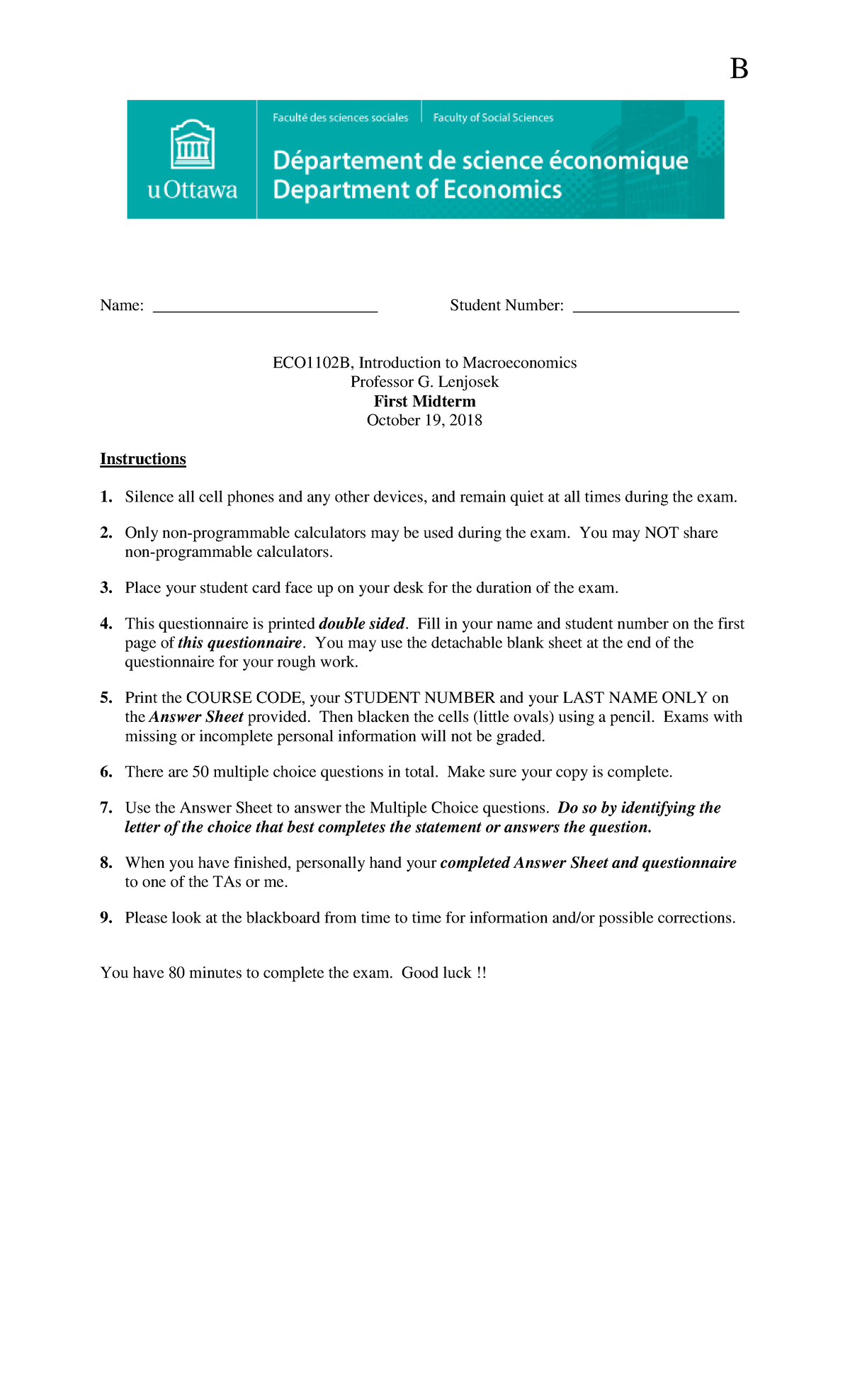 Midterm 1B 2019, questions and answers - B Name ...