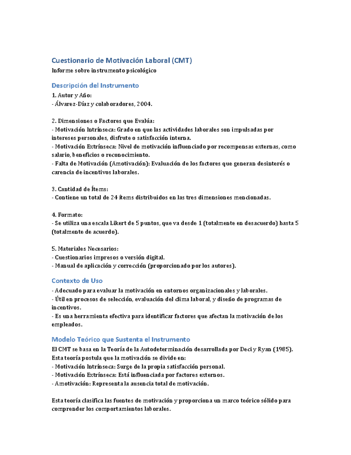 Cuestionario Motivacion Laboral CMT - Cuestionario de Motivación ...