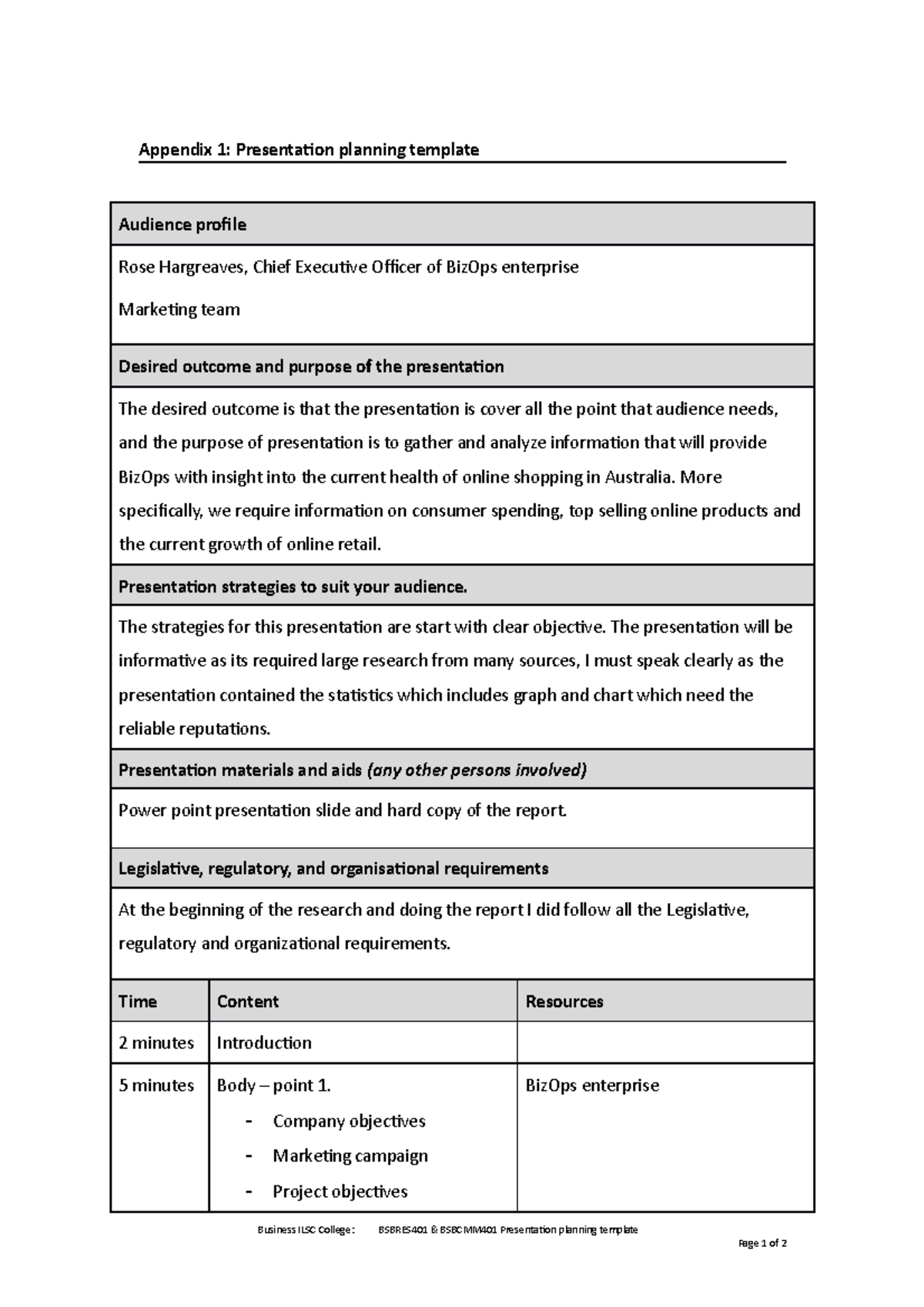 Appendix 1. Presentation Planning Template - Appendix 1: Presentation 