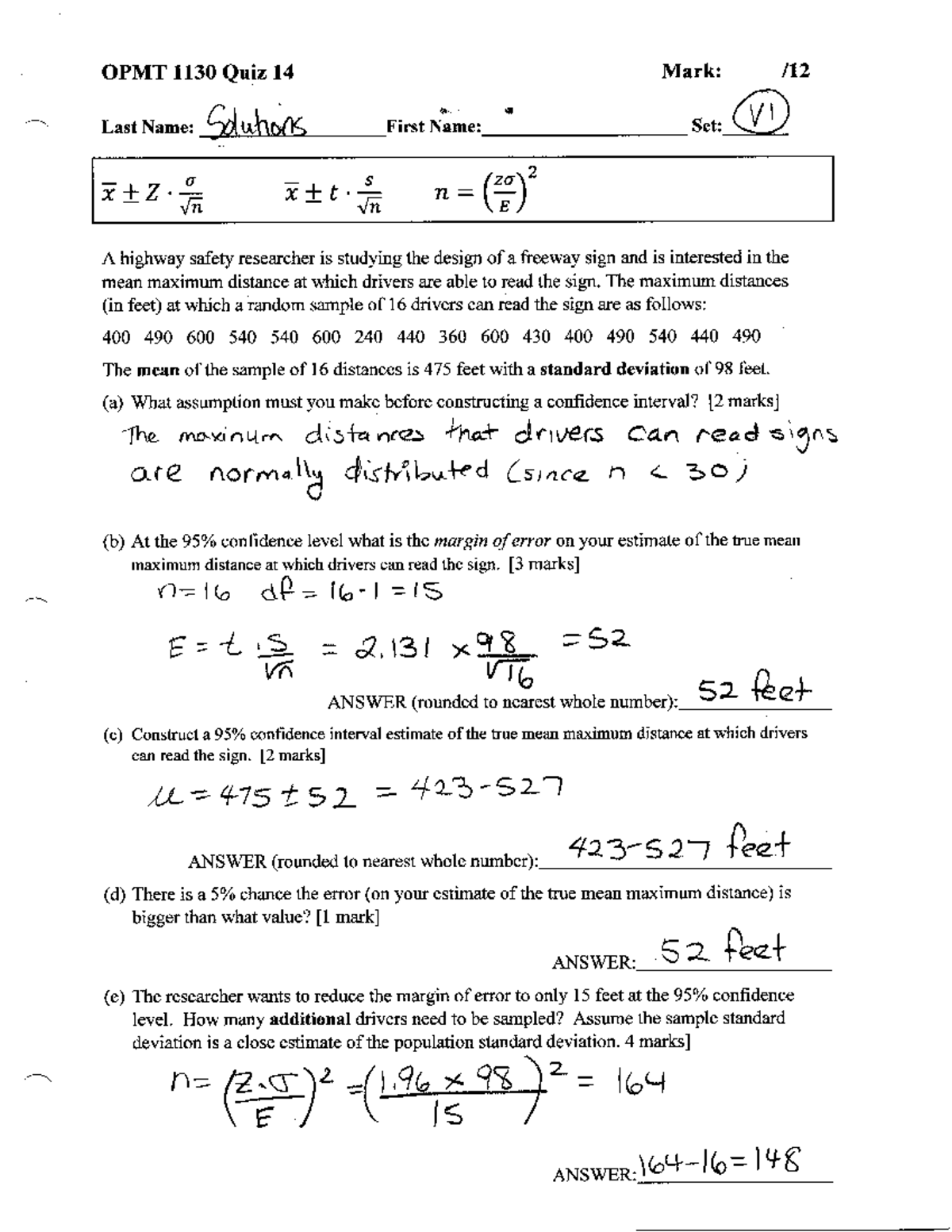 Quiz 14 Solutions OPMT 1130 Business Statistics - OPMT 1130 - Studocu