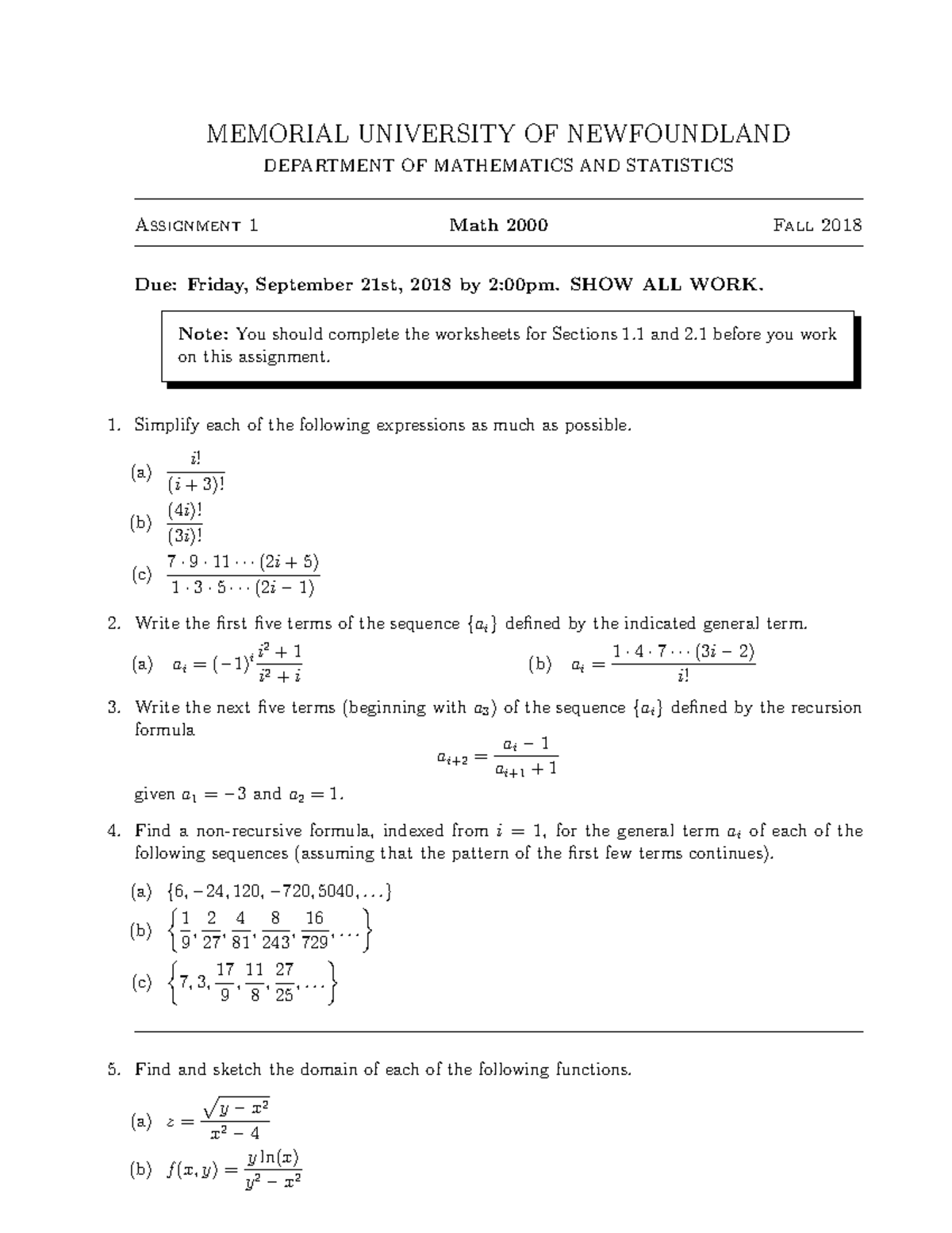 Assgn 1 - Assign - MEMORIAL UNIVERSITY OF NEWFOUNDLAND DEPARTMENT OF ...