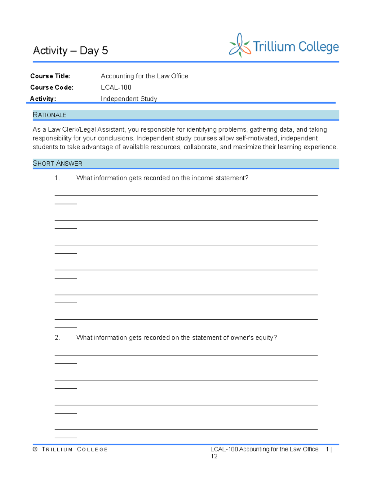 Day 5 Activity - Independent Study v1 - Activity – Day 5 Course Title ...