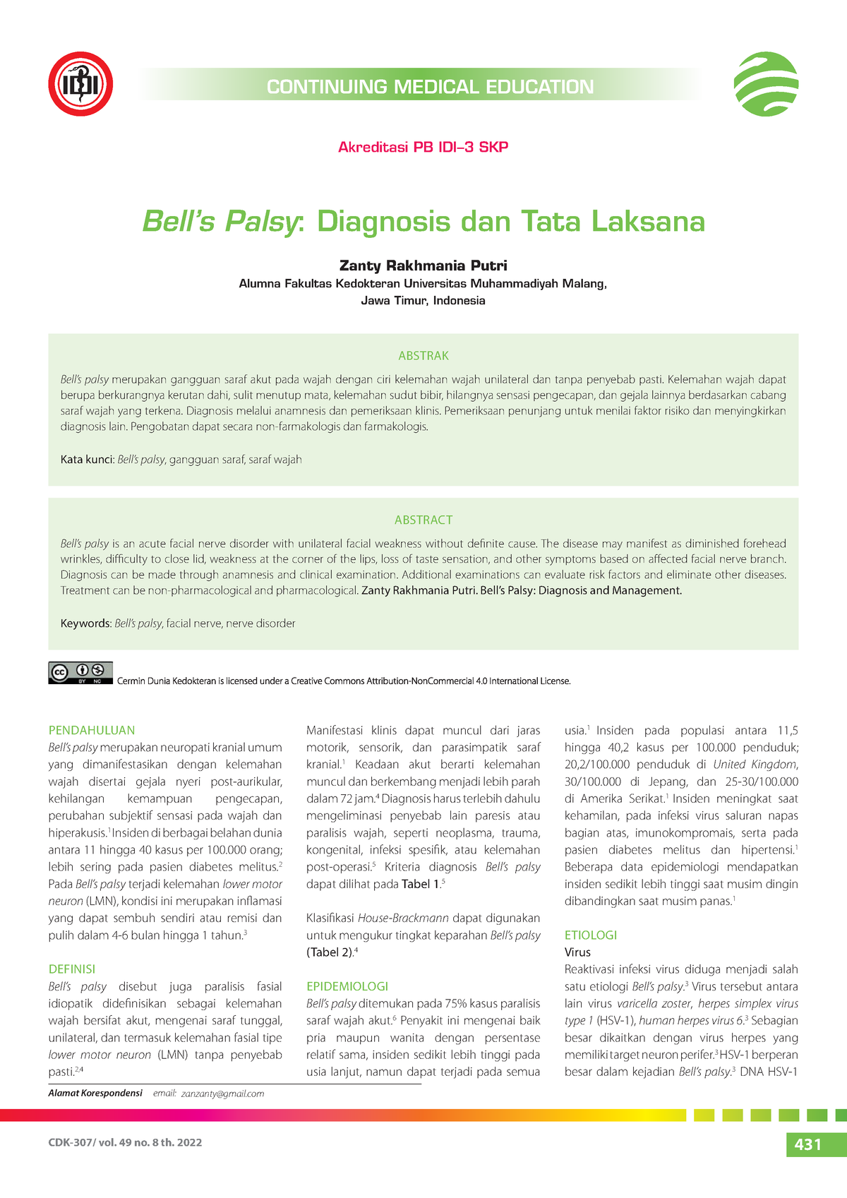 Bells Palsy Diagnosis Dan Tata Laksana Alamat Korespondensi Email