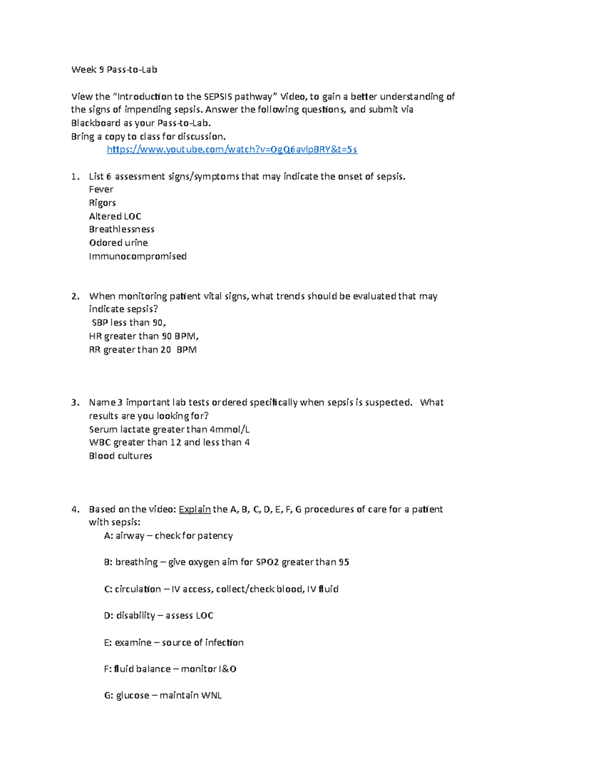 Week 9 Pass - Notes on SEPSIS - Week 9 Pass-to-Lab View the ...