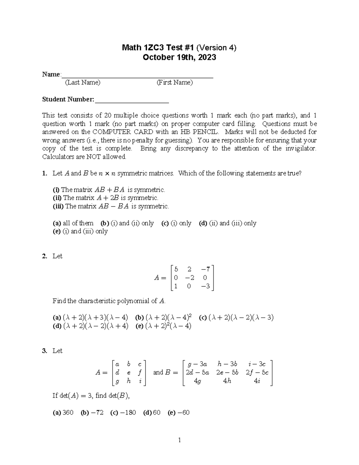 Test1V4 - 2023 Midterm Test 1 Version 4 - Math 1ZC3 Test #1 (Version 4 ...