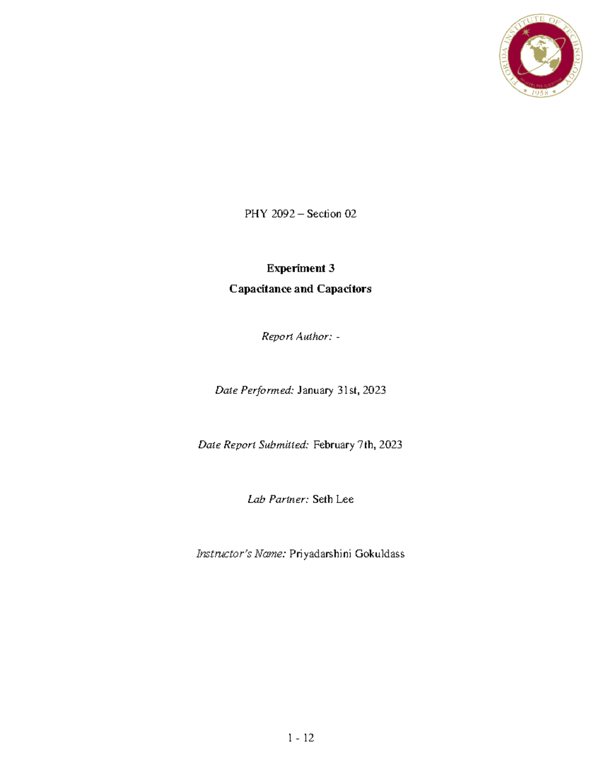 Lab 03 Capacitance and Capacitors Lab Report PHY 2092 Section 02